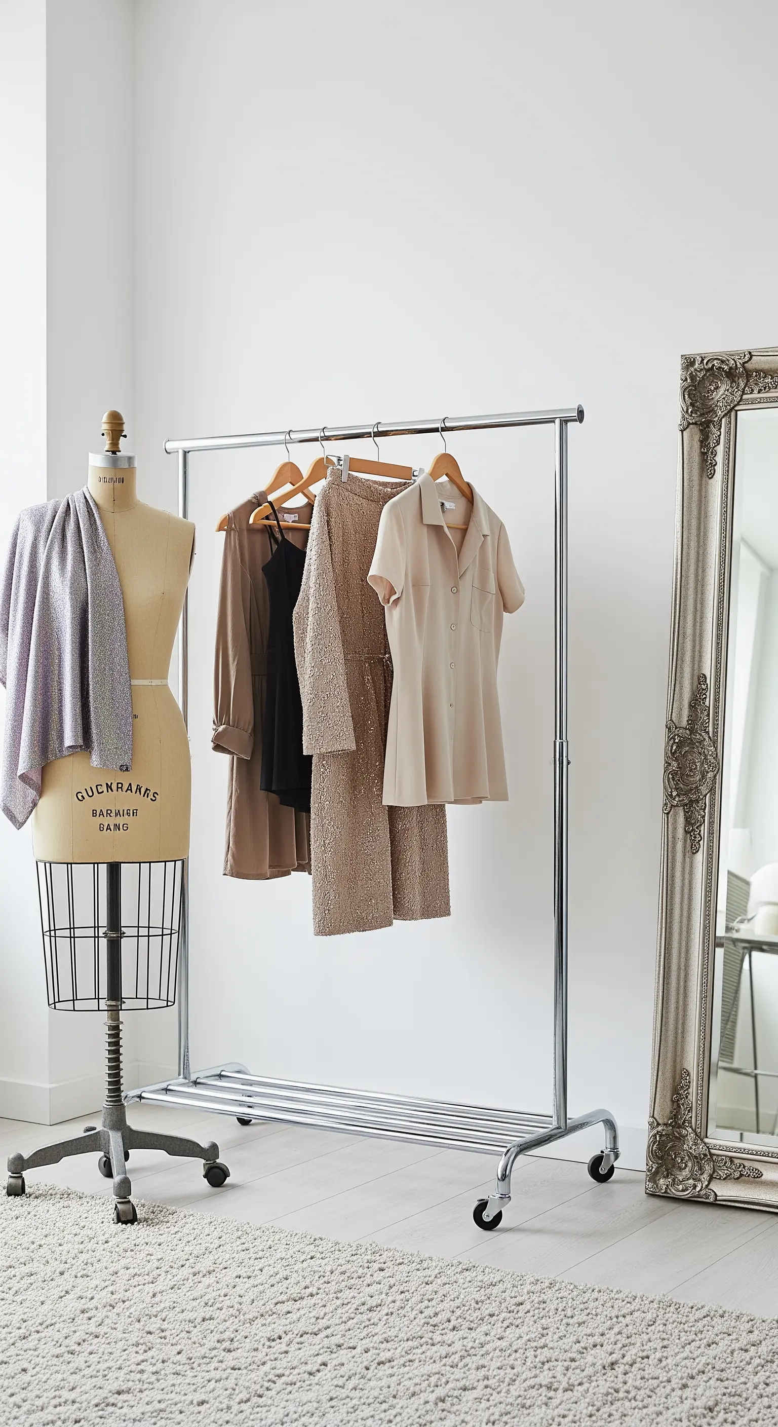 Stender appendiabiti cromato, manichino sartoriale e specchio con cornice argentata.