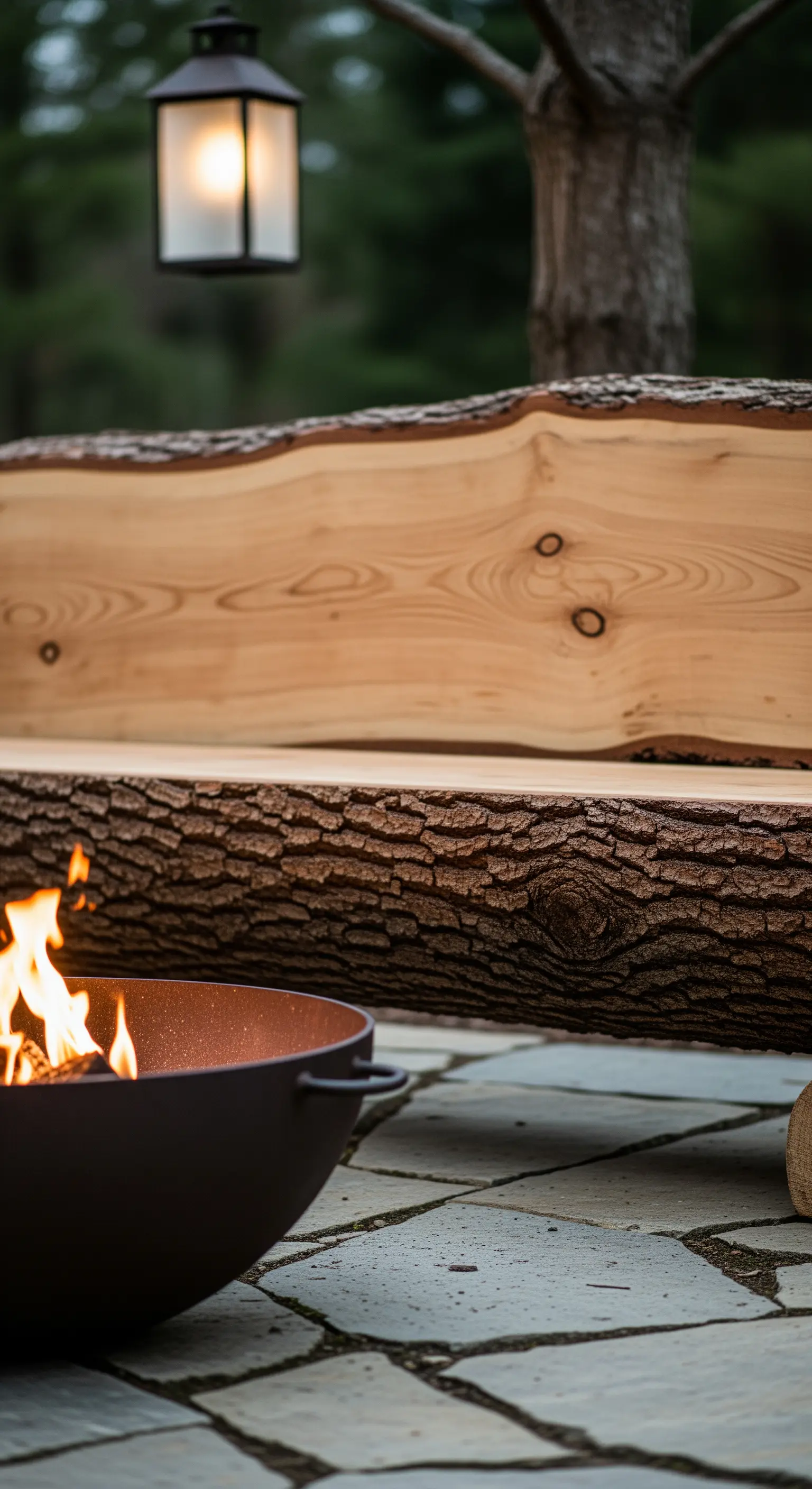 Panca in legno massiccio con bordo naturale non rifinito, accanto a un braciere acceso.