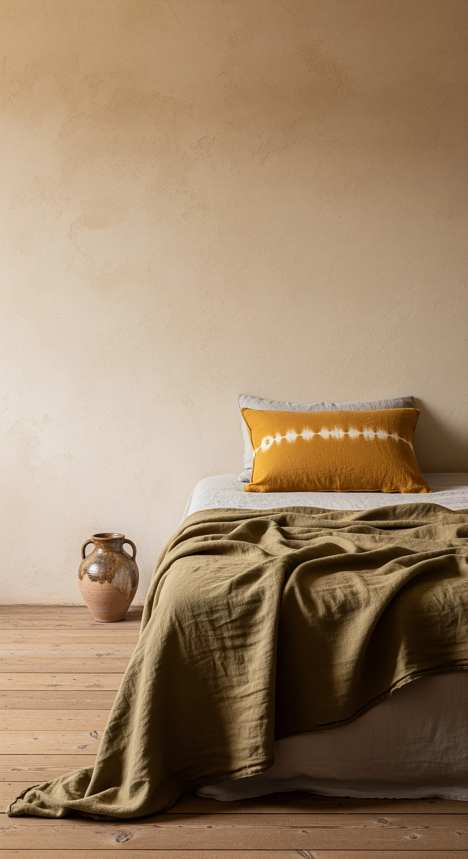 Letto con coperta in lino verde oliva e cuscino senape tie-dye, contro una parete beige materica.