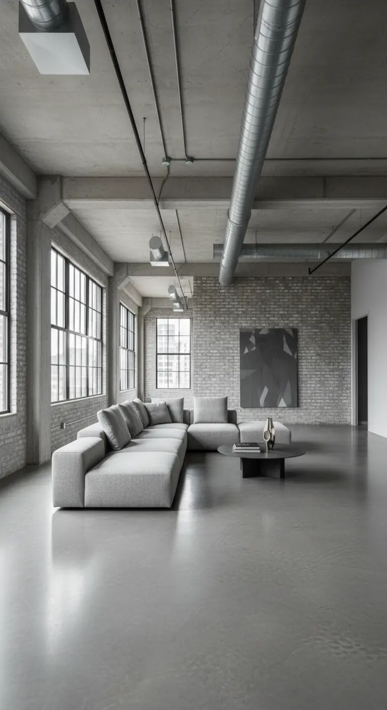 Ampio salotto in stile industriale con pareti in mattoni e divano grigio.