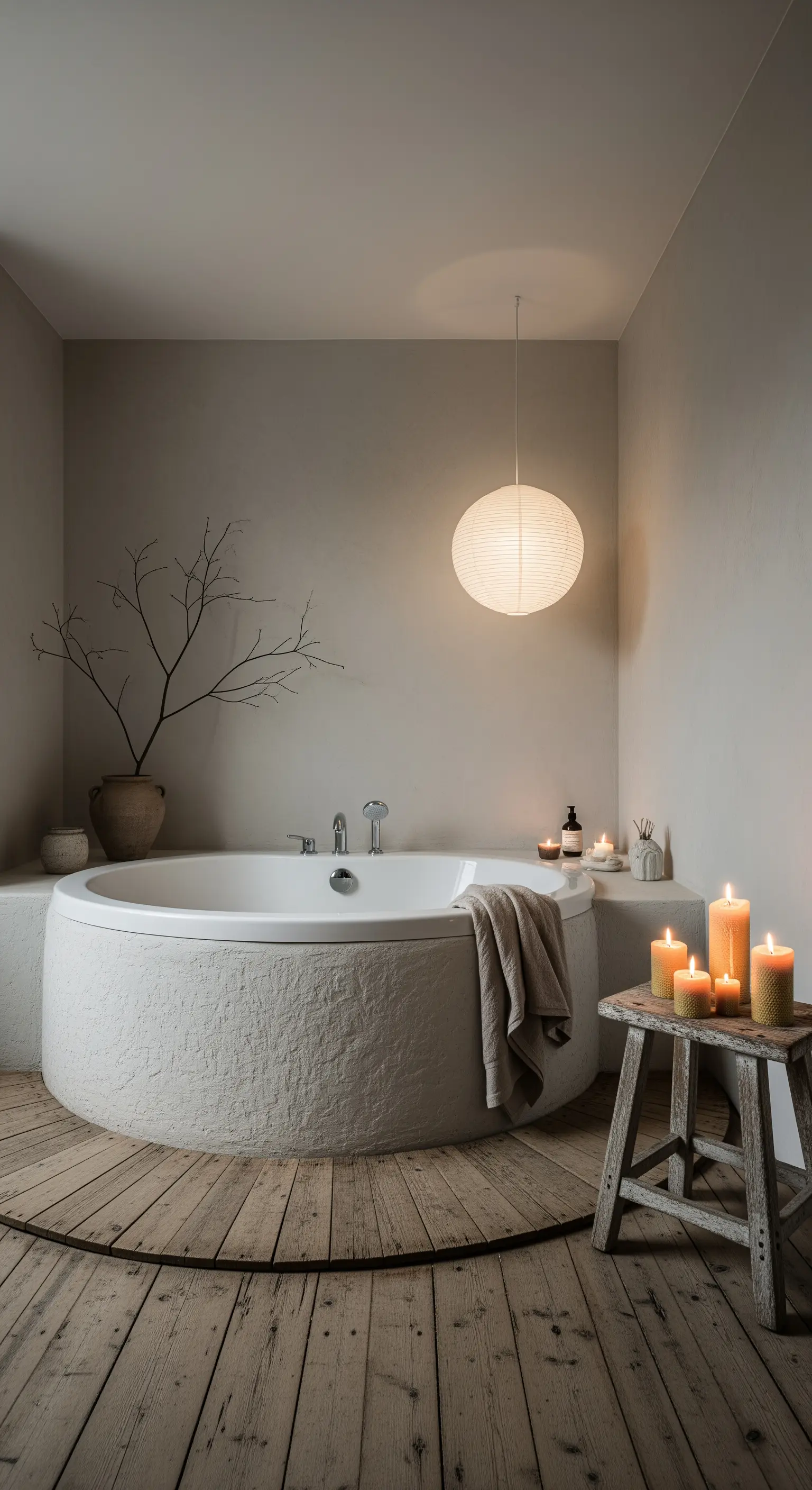 Bagno minimalista in stile wabi-sabi con vasca rotonda e lampada di carta.