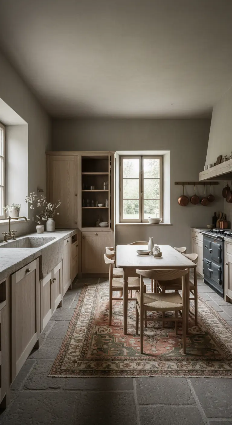 Cucina in stile wabi-sabi con mobili in legno grezzo, lavello in pietra e tappeto sbiadito.