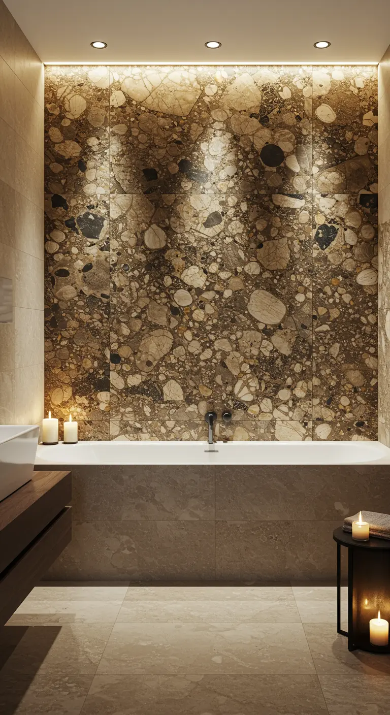 Parete rivestita in pietra terrazzo con grandi ciottoli e fossili dietro a una vasca da bagno.