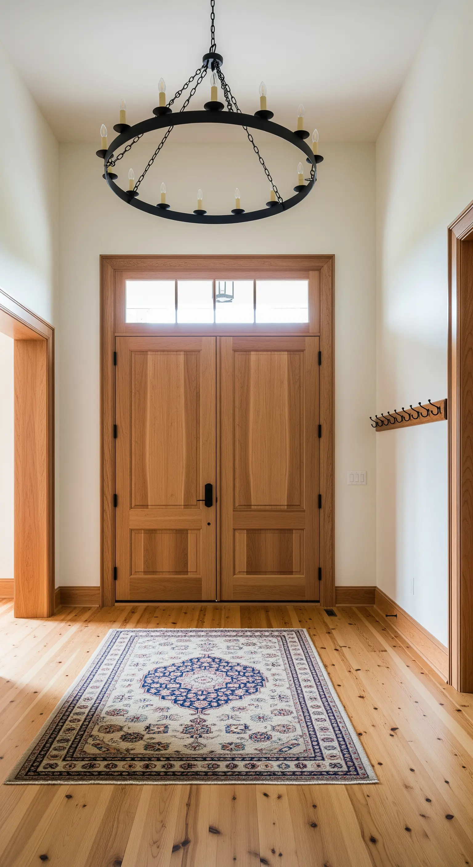 Ingresso rustico con porte in legno naturale, pavimento in pino e lampadario nero circolare.