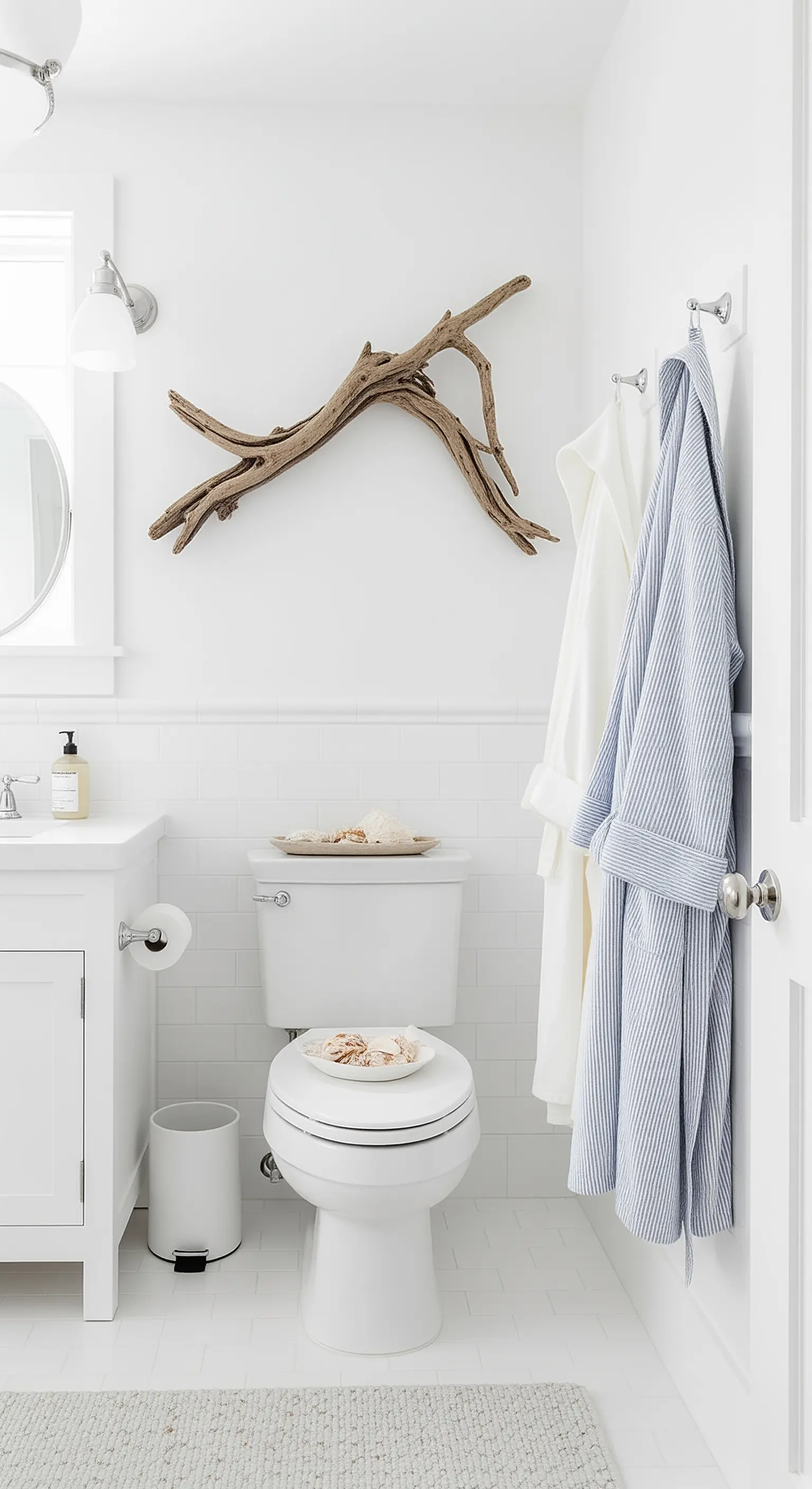 Bagno bianco con un grande pezzo di legno di mare appeso alla parete come decorazione.
