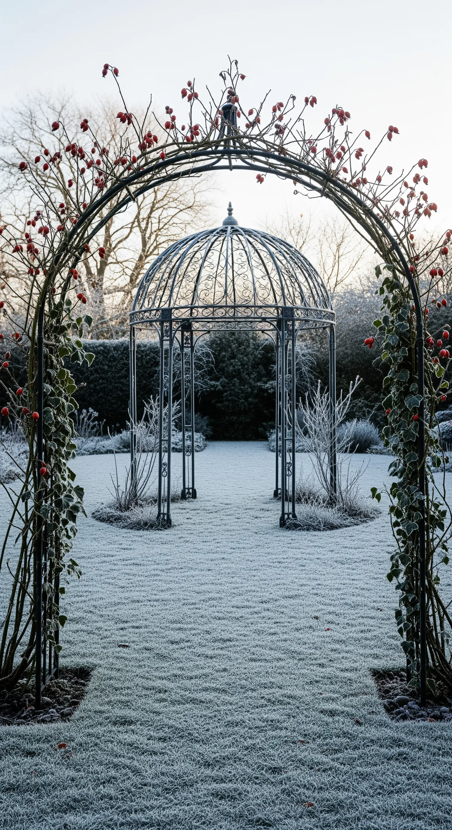 Arco e gazebo in ferro battuto coperti di brina in un giardino invernale.