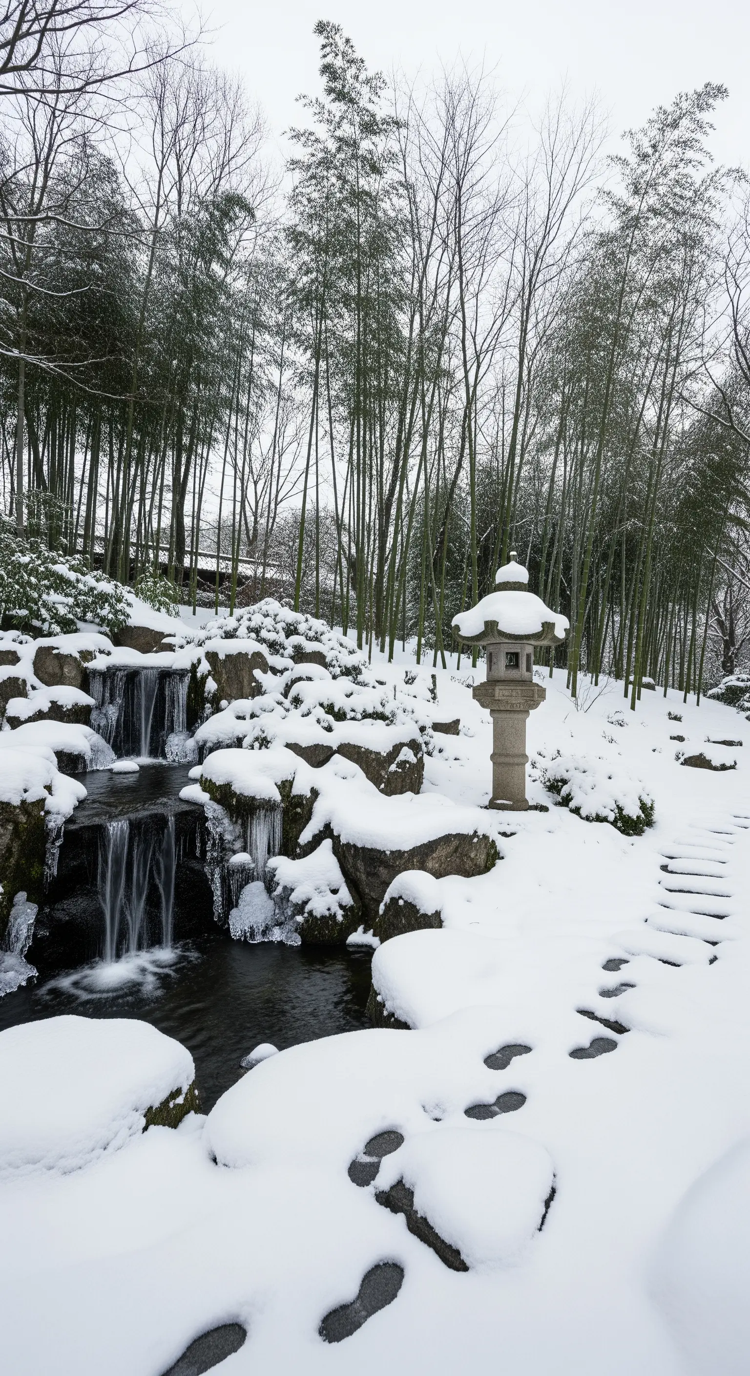 Giardino zen innevato con cascata ghiacciata, lanterna in pietra e impronte sulla neve.
