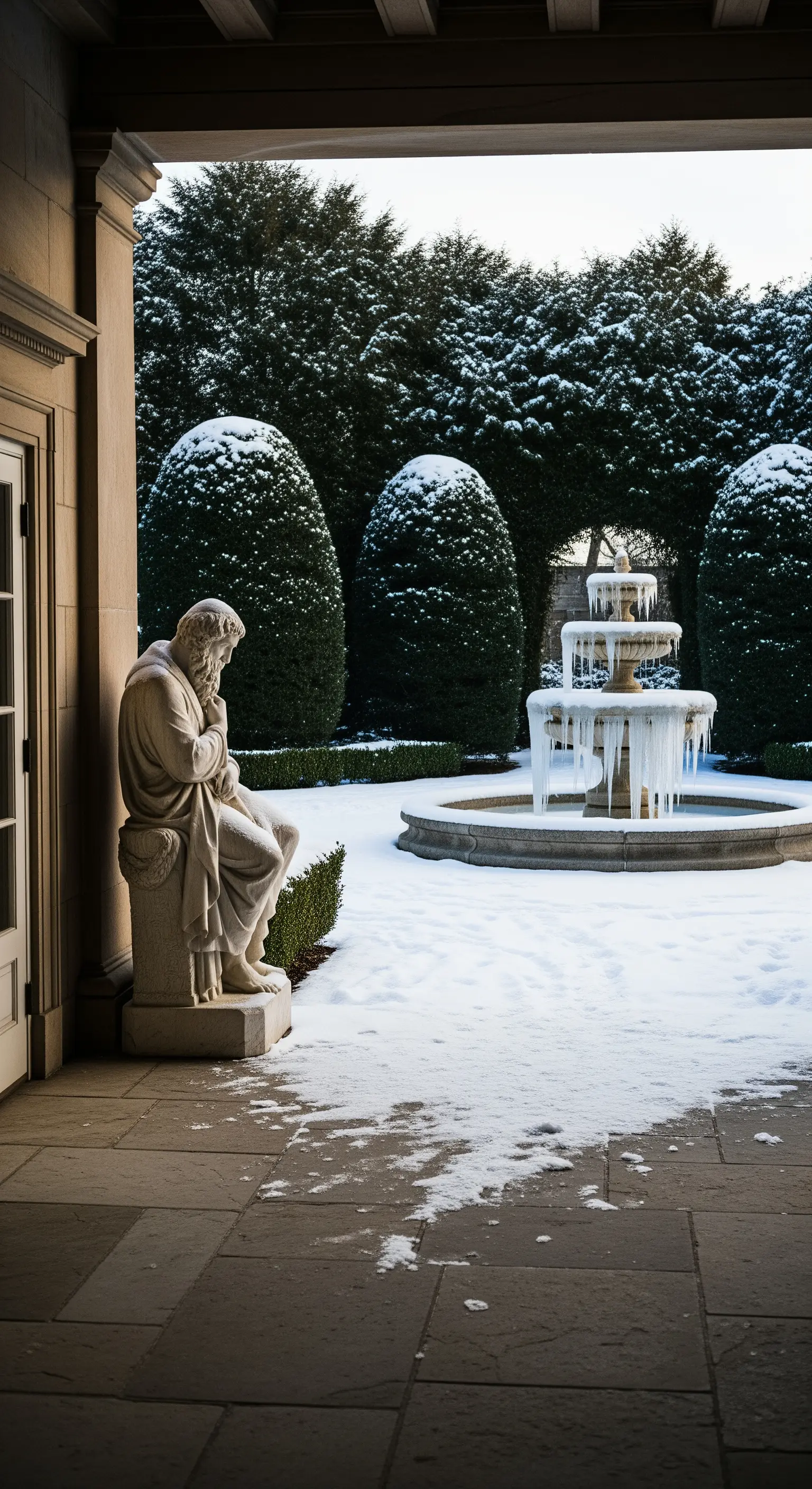 Veranda in inverno con statua pensierosa, giardino innevato e fontana ghiacciata.