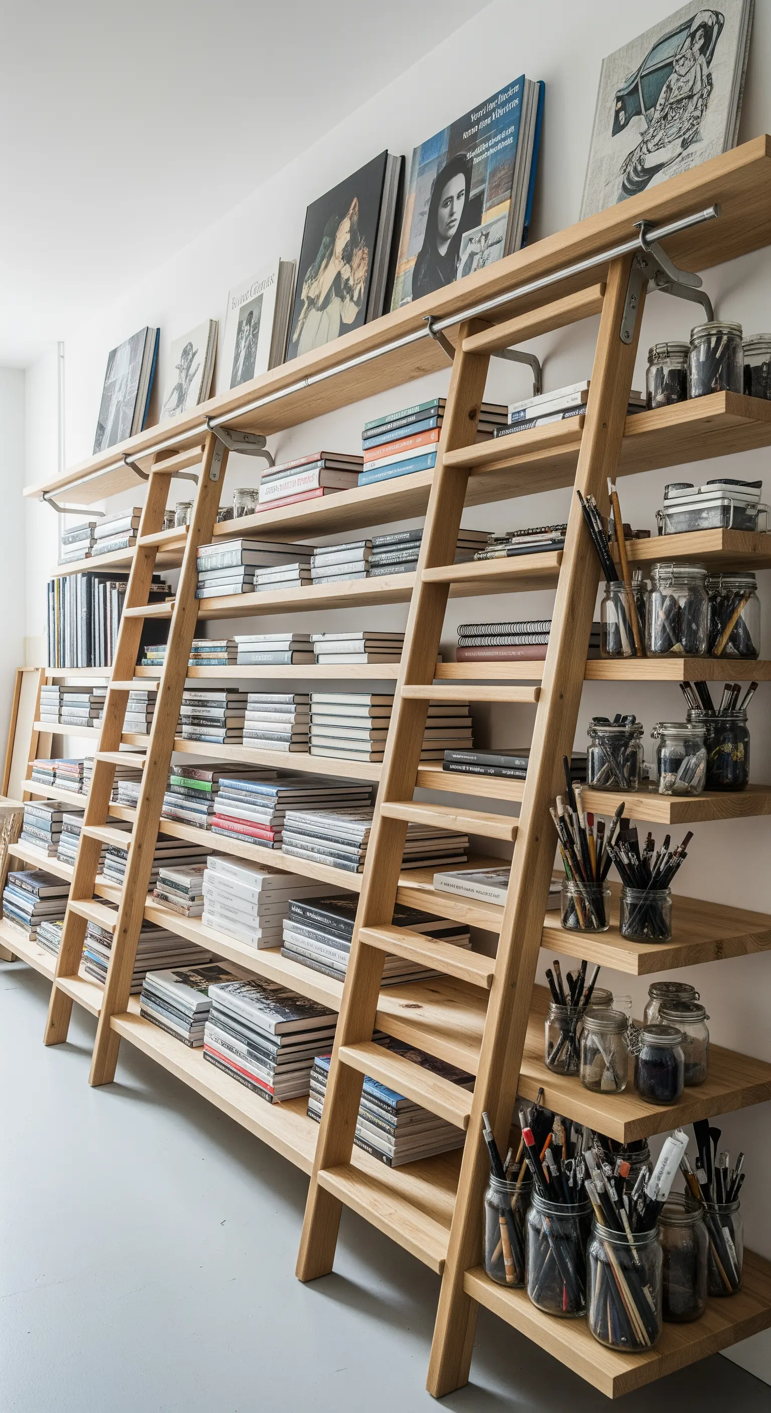 Grande libreria in legno a tutta parete con una scala scorrevole.