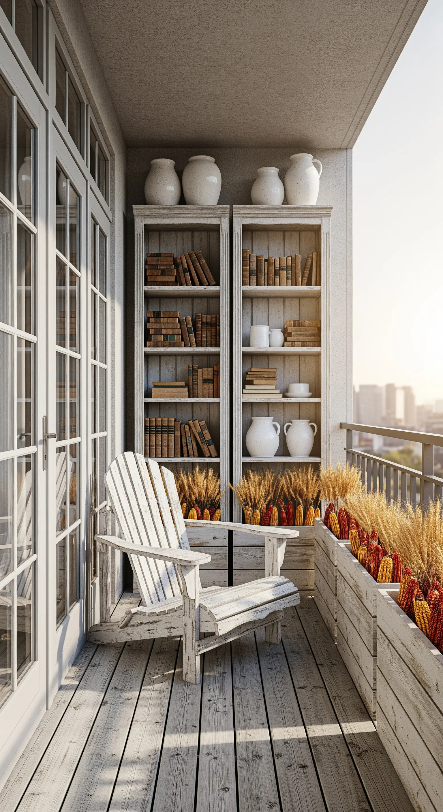Balcone con librerie bianche piene di libri e una sedia Adirondack in legno.