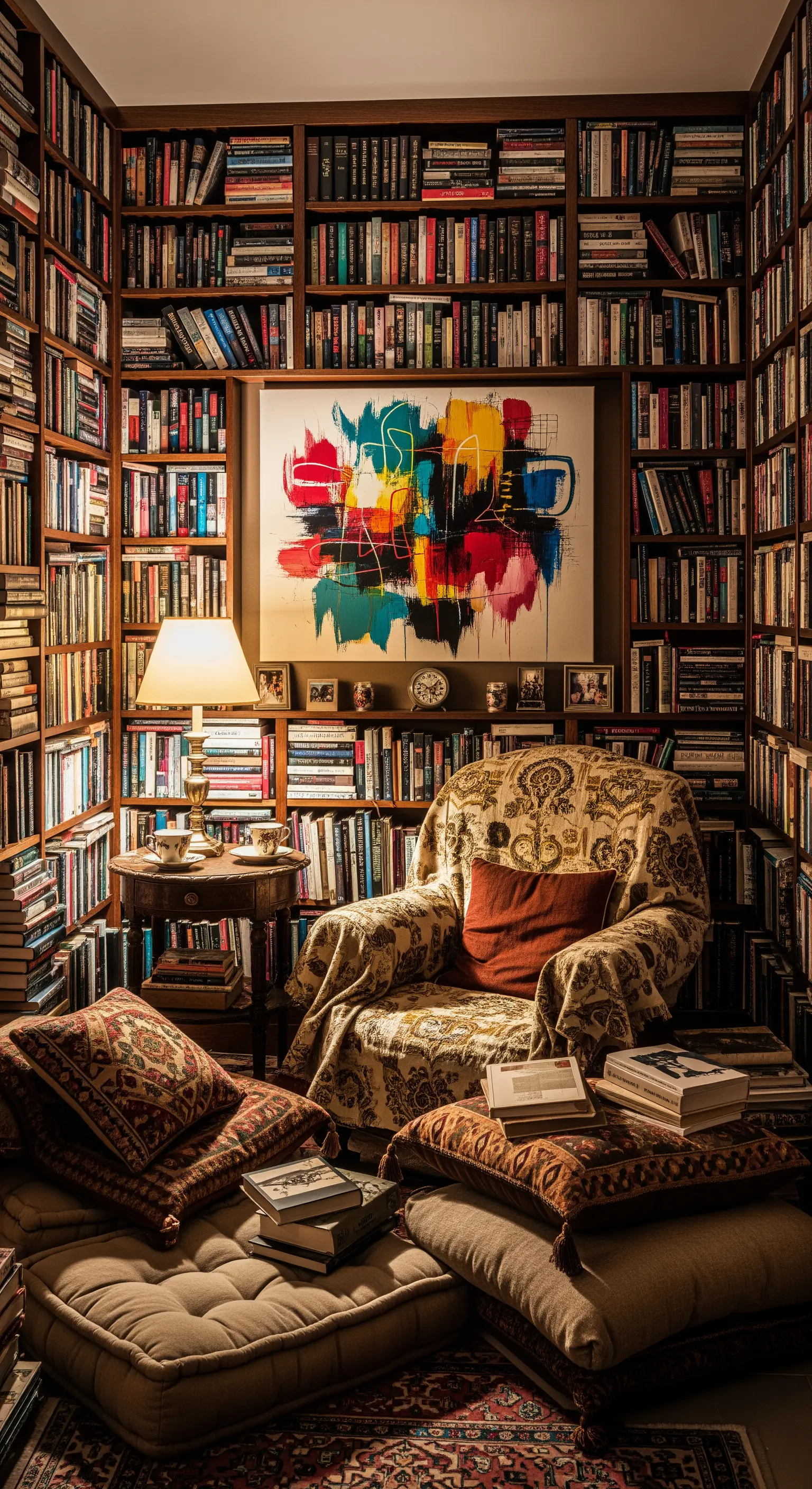 Un angolo lettura circondato da librerie a tutta altezza, con una poltrona e cuscini.