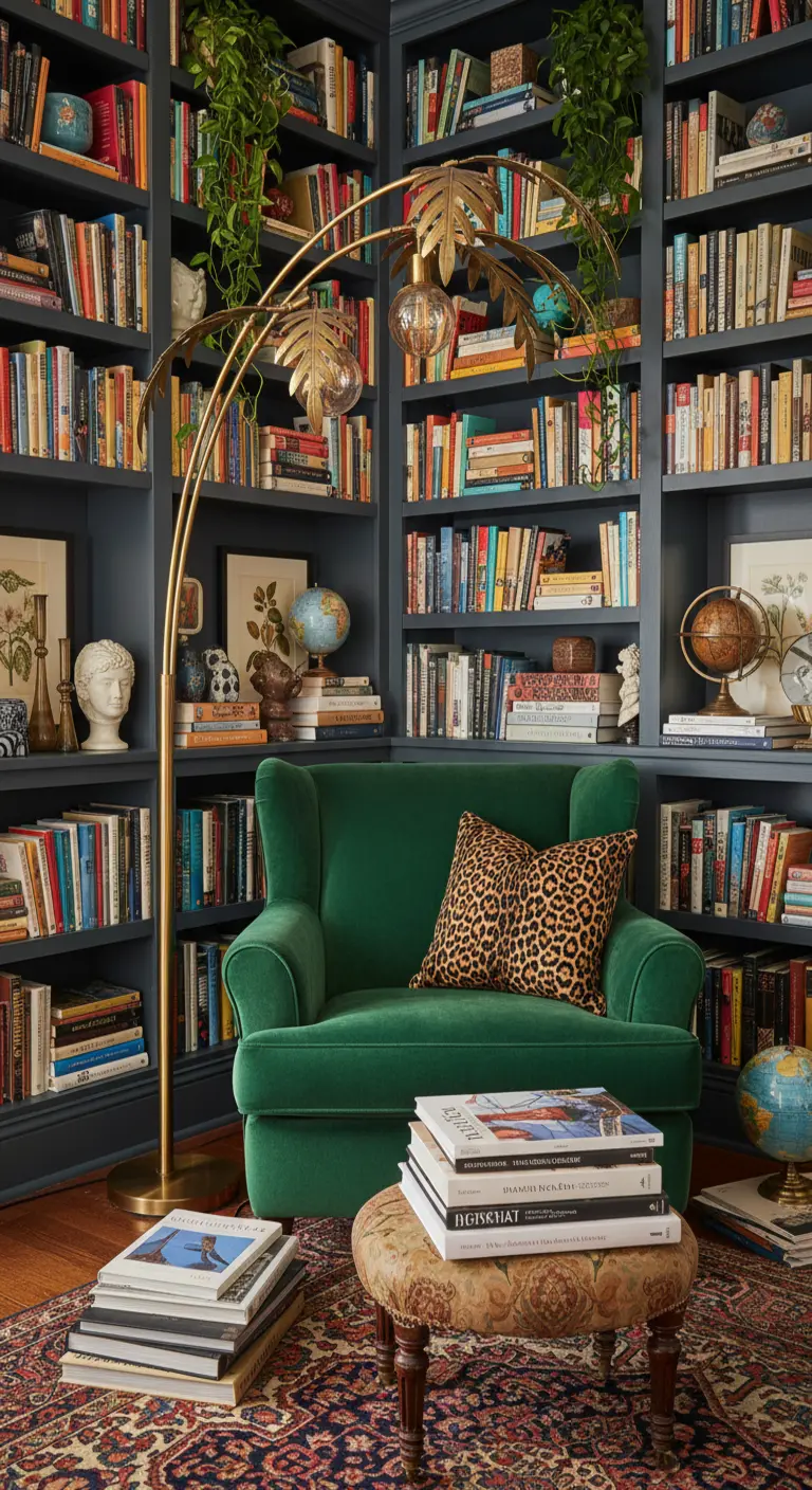 Poltrona in velluto verde smeraldo in una libreria blu scuro con lampada ad arco dorata.