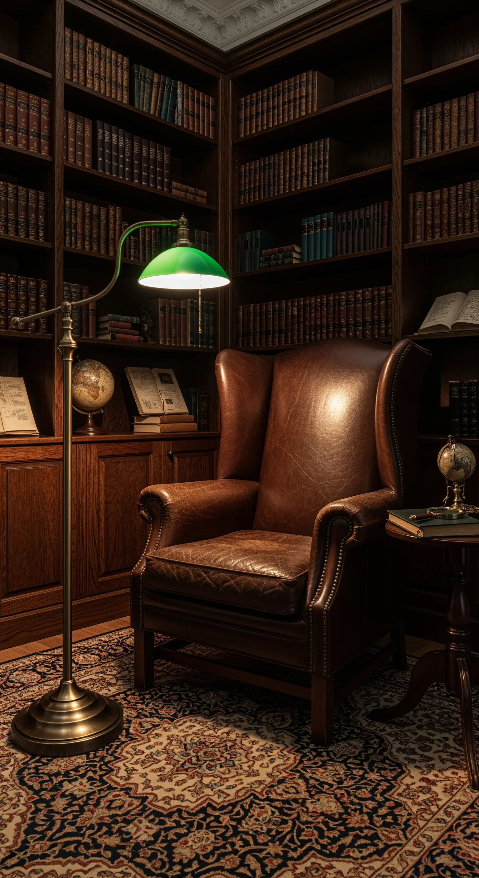 Poltrona wingback in pelle in una biblioteca classica con lampada da banchiere verde.