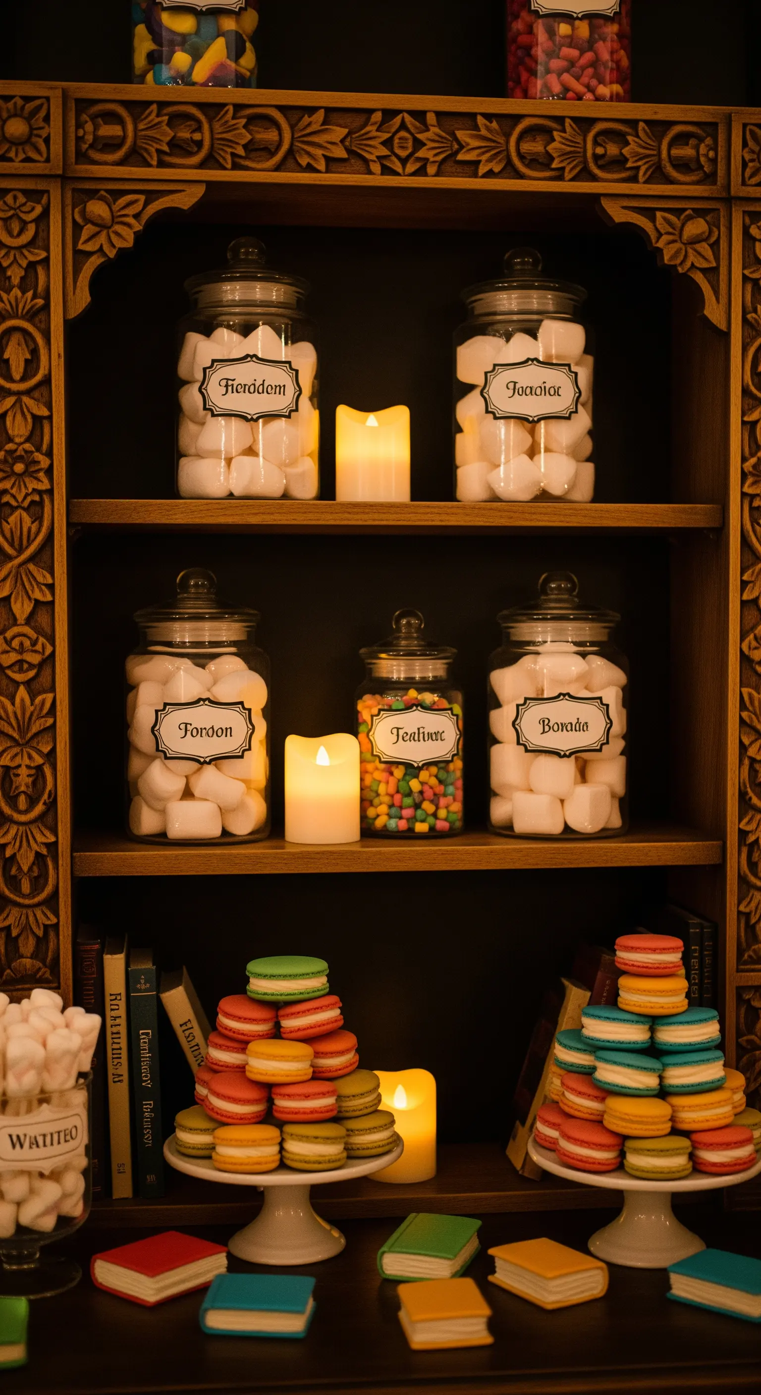 Libreria in legno scuro con barattoli di dolci etichettati come pozioni e pile di macarons.