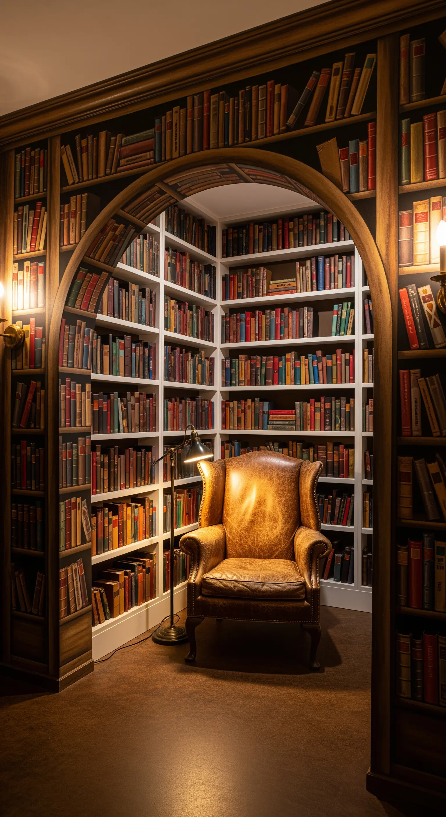 Angolo lettura con poltrona in pelle incorniciato da un murale trompe-l'œil a libreria.