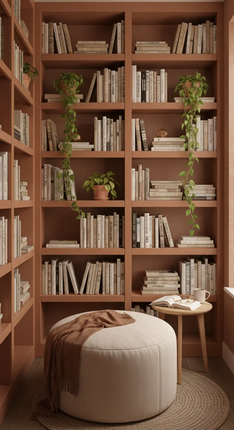Libreria a tutta parete dipinta color terracotta, con libri, piante e un grande pouf al centro.