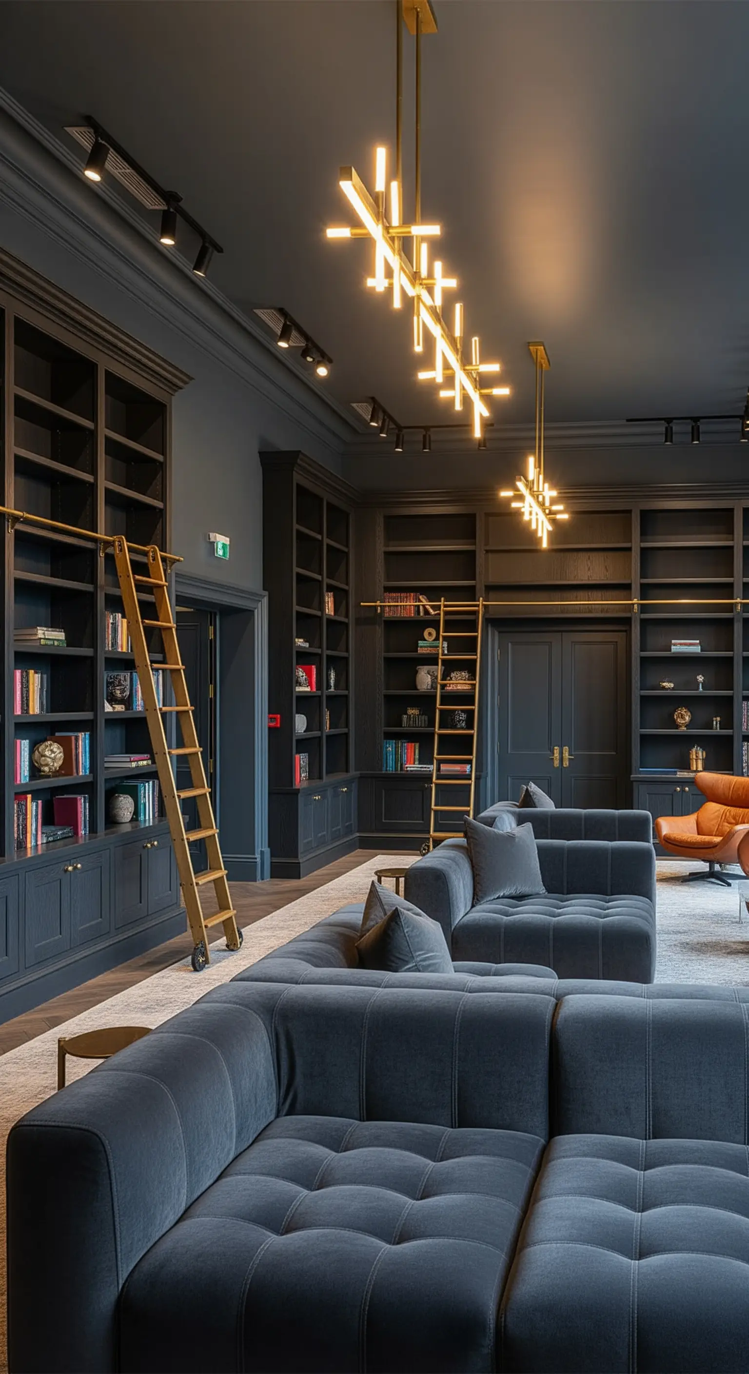 Biblioteca moderna con librerie e pareti grigio scuro e divani in velluto.