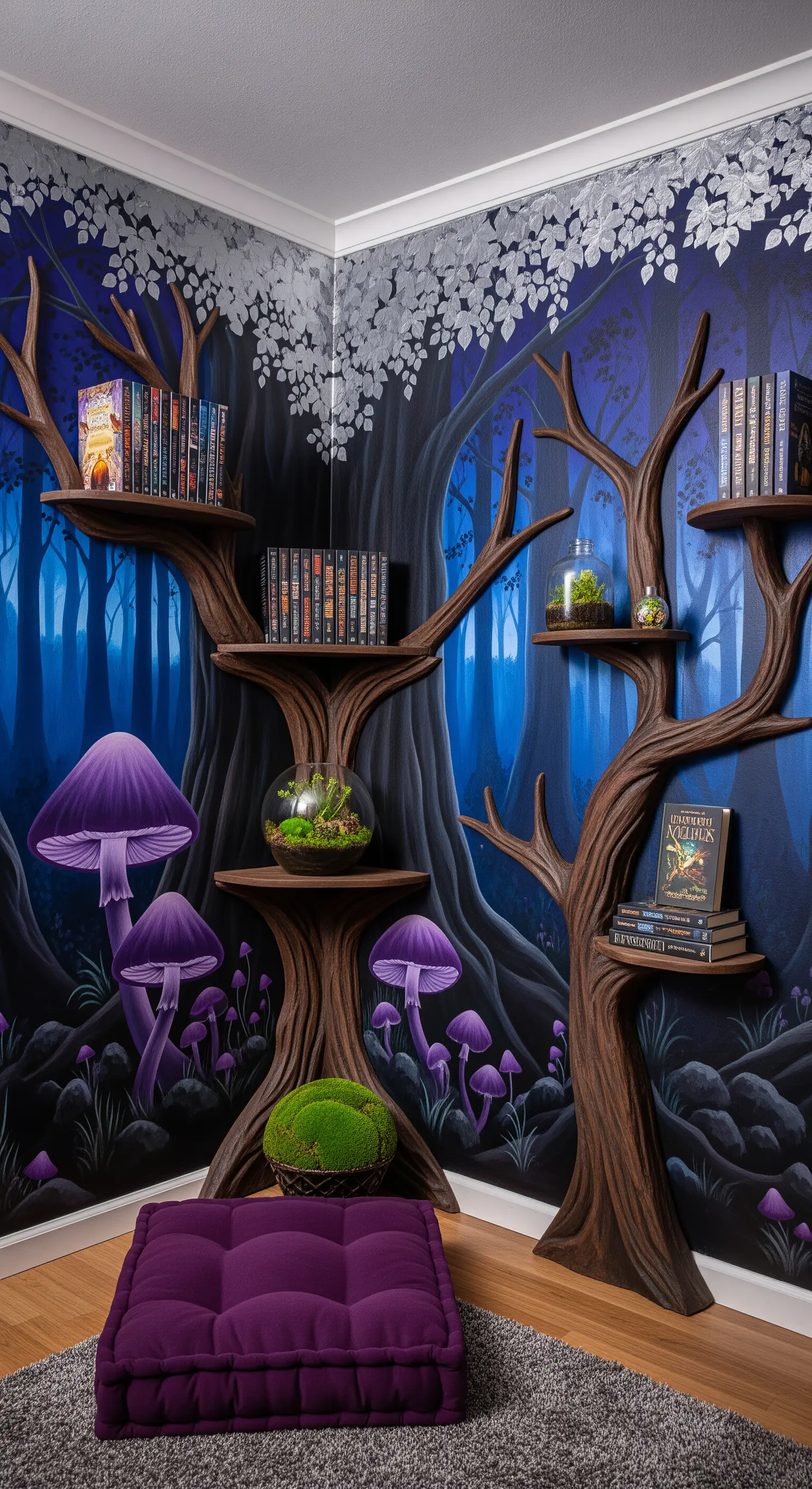 Librerie a forma di albero contro un murale di una foresta incantata viola e blu.