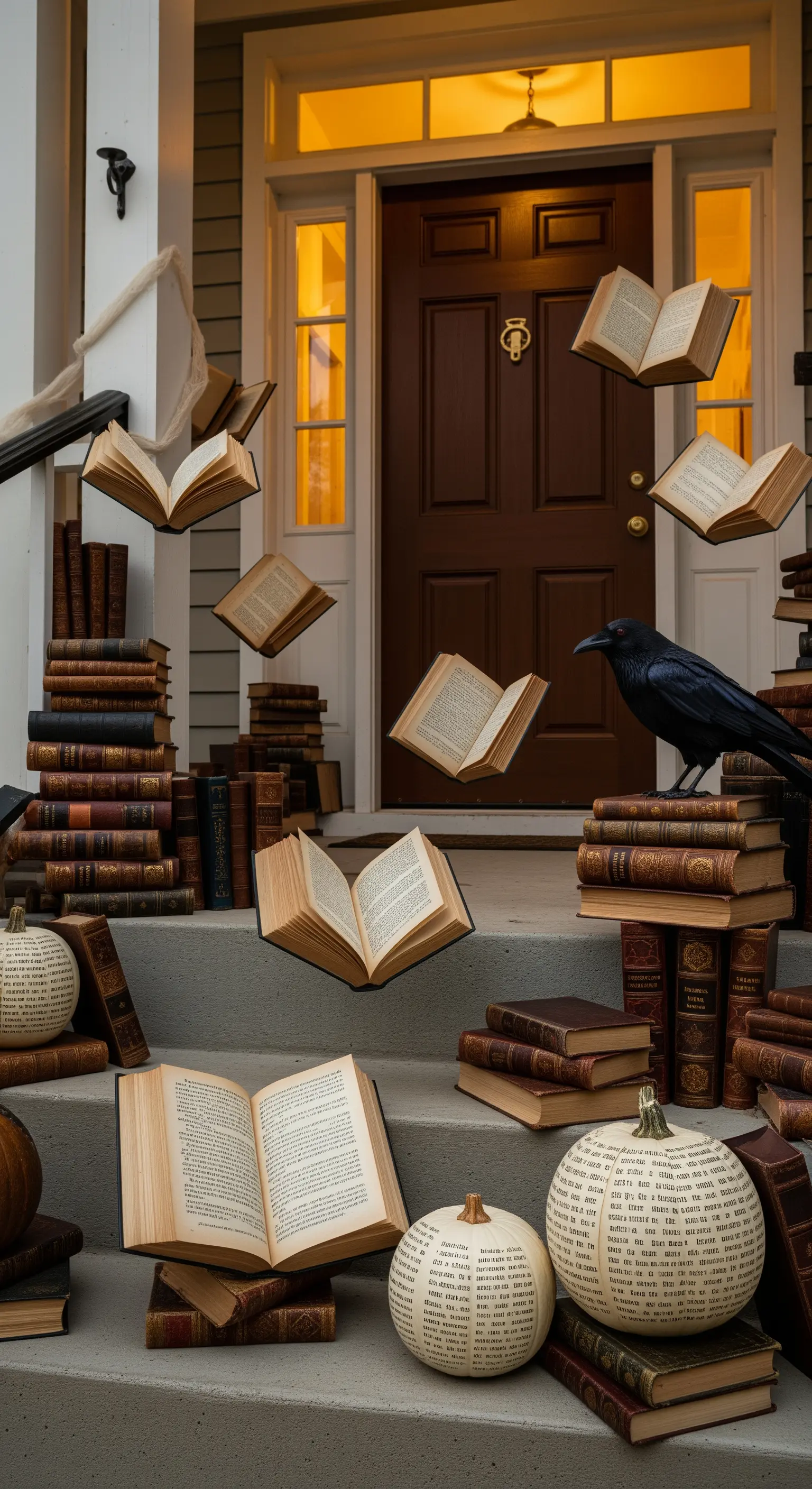 Libri antichi fluttuano a mezz'aria su un portico decorato con pile di volumi e un corvo nero.