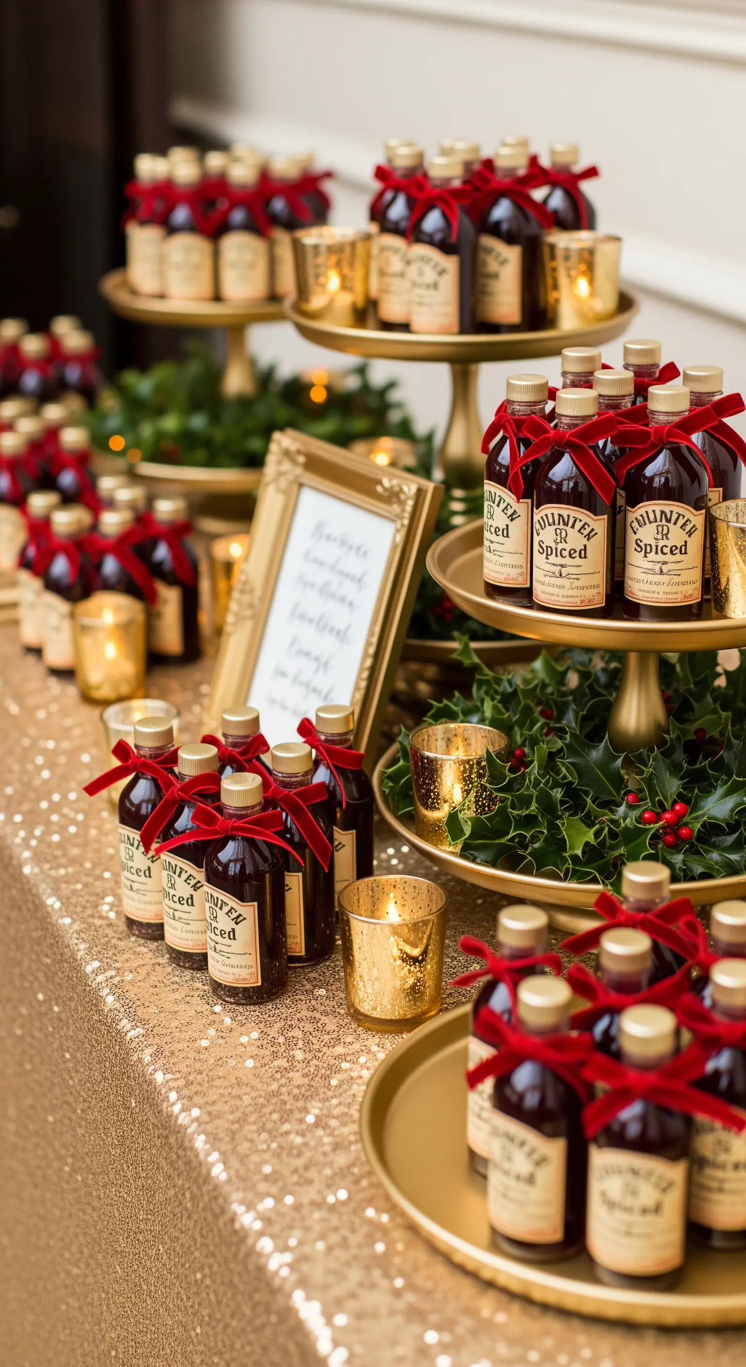 Bomboniere invernali: bottigliette di liquore speziato su un tavolo con tovaglia dorata.