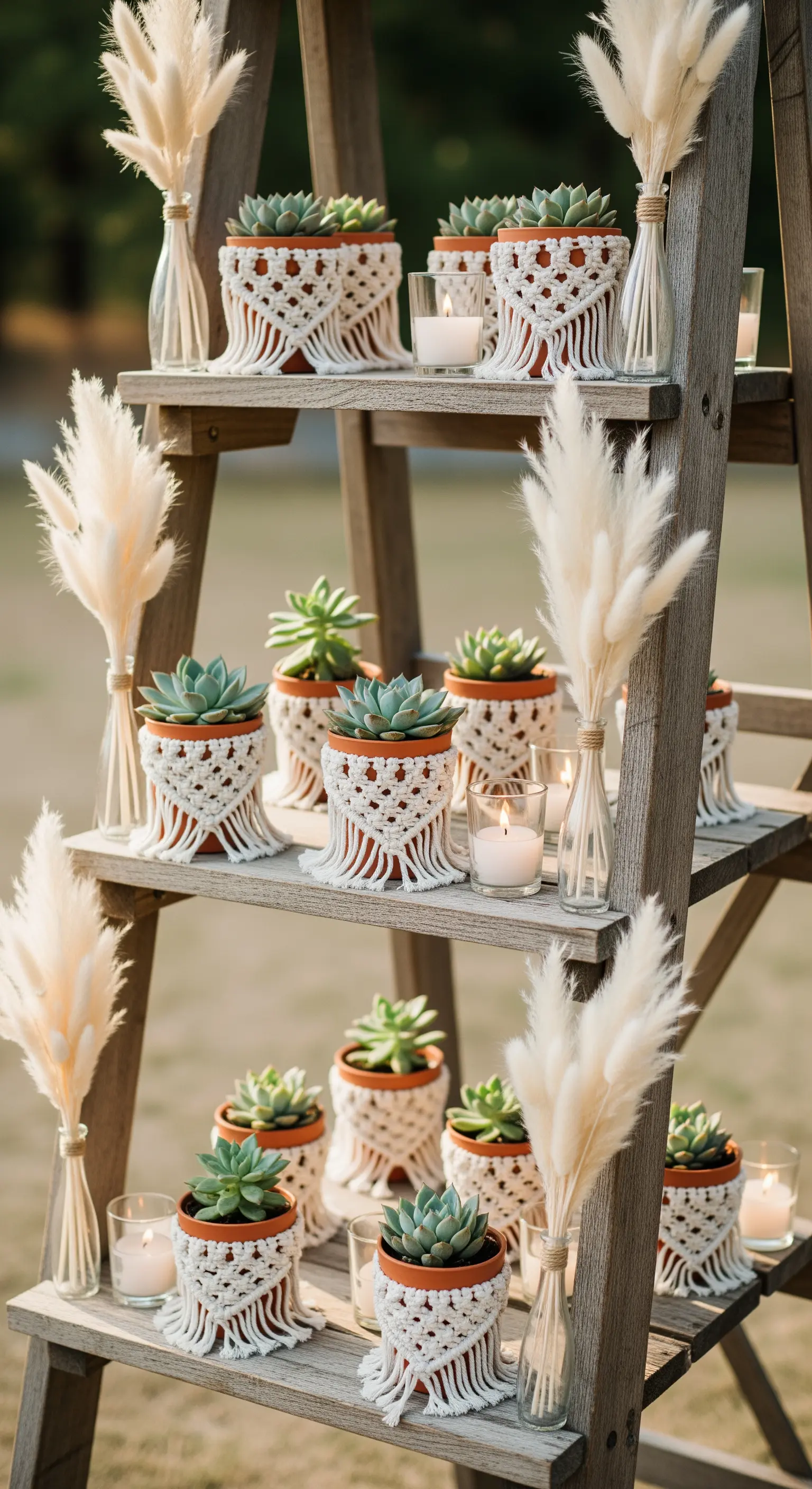Scala in legno usata come espositore per bomboniere: piantine grasse in vasi con macramè.