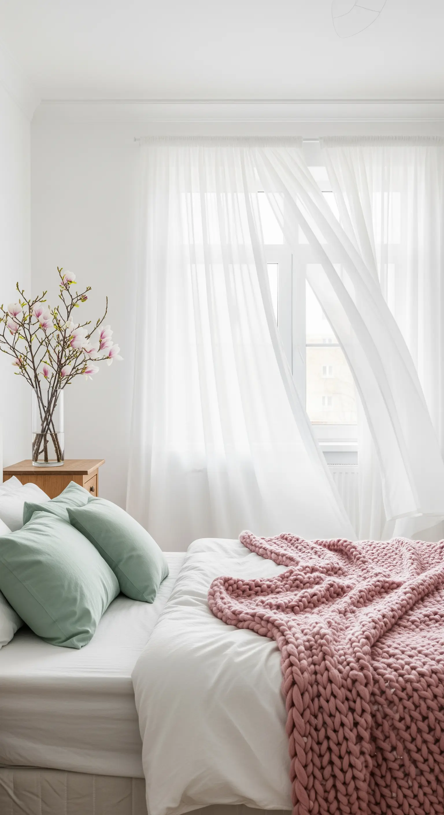 Camera da letto luminosa con cuscini verde menta e una coperta rosa polvere.