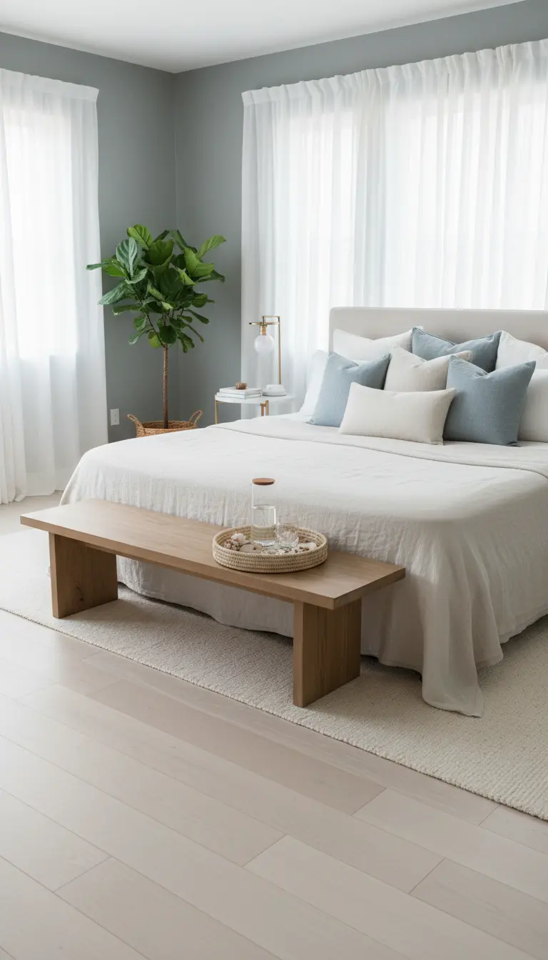 Letto con cuscini blu polvere e panca in legno con vassoio di conchiglie in una stanza luminosa.