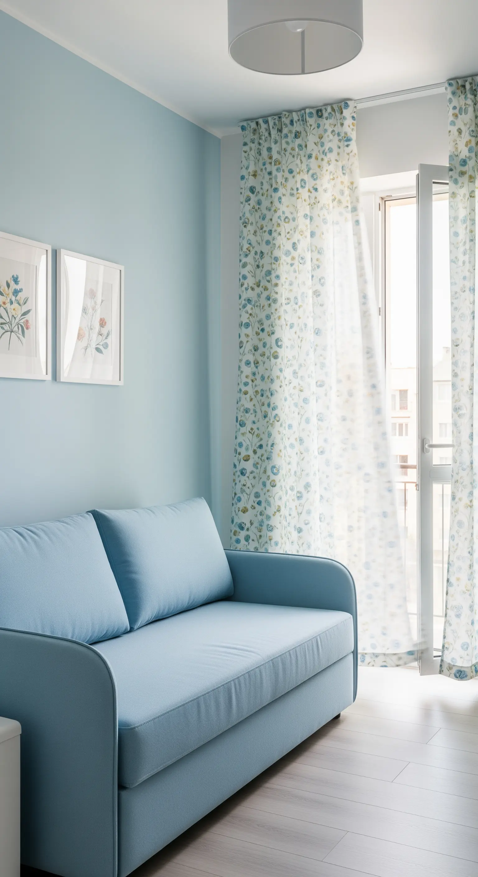 Piccolo salotto con pareti e divano azzurro polvere e tende floreali coordinate.