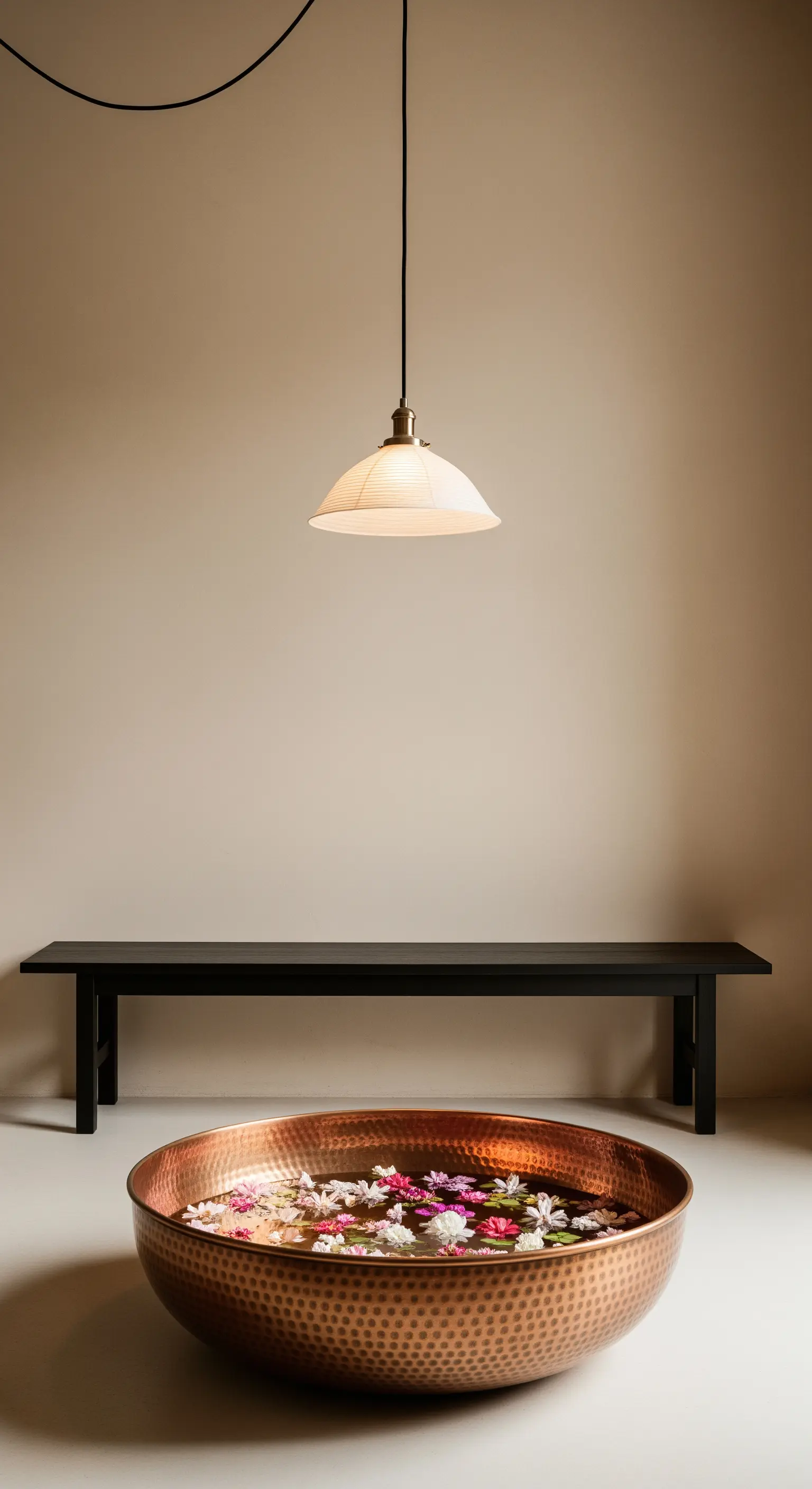 Ambiente minimalista con panca nera e una grande ciotola in rame martellato a terra.