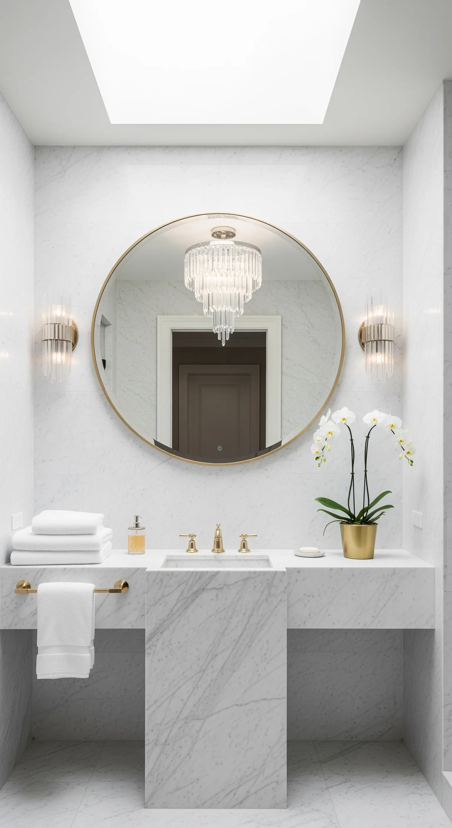 Bagno minimalista in marmo con specchio ovale dorato, illuminato da un lucernario.