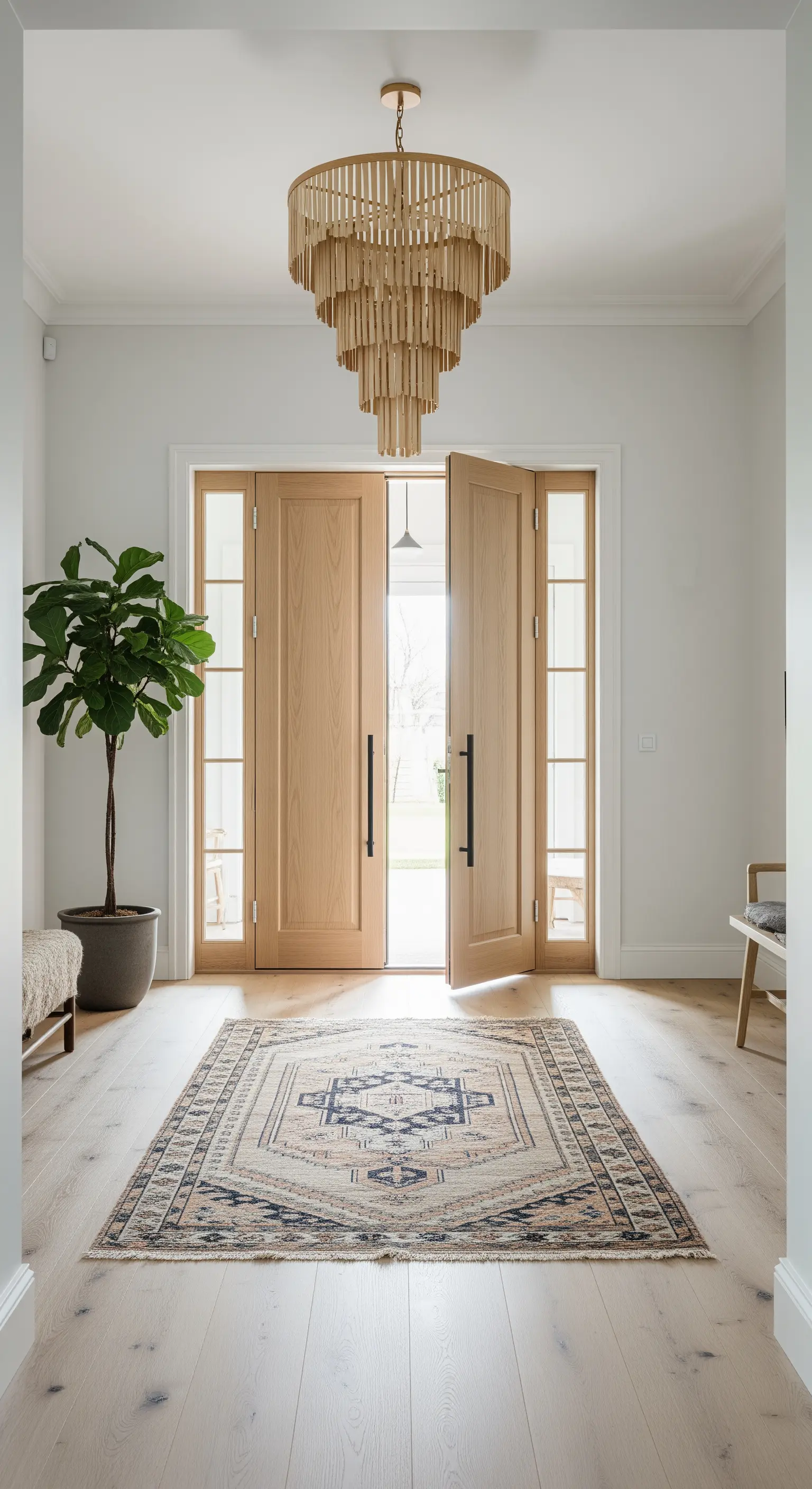 Ingresso luminoso con porte in legno chiaro, parquet e lampadario di design in legno.