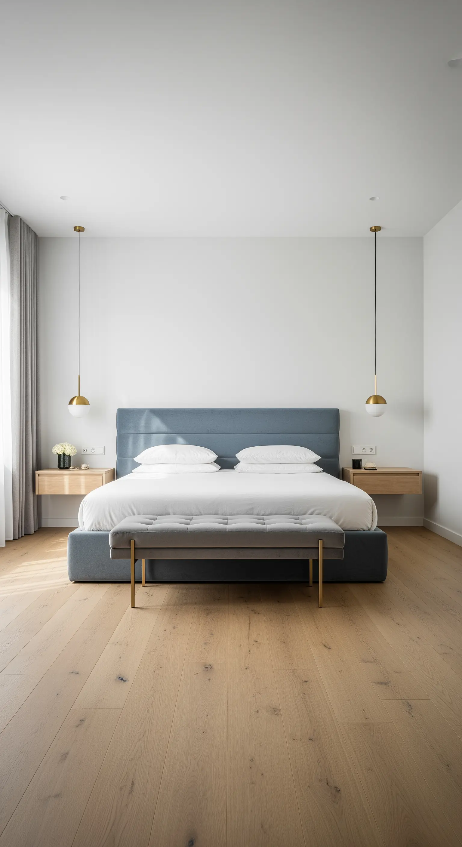 Camera da letto minimalista con letto imbottito blu-grigio e lampade a sospensione.