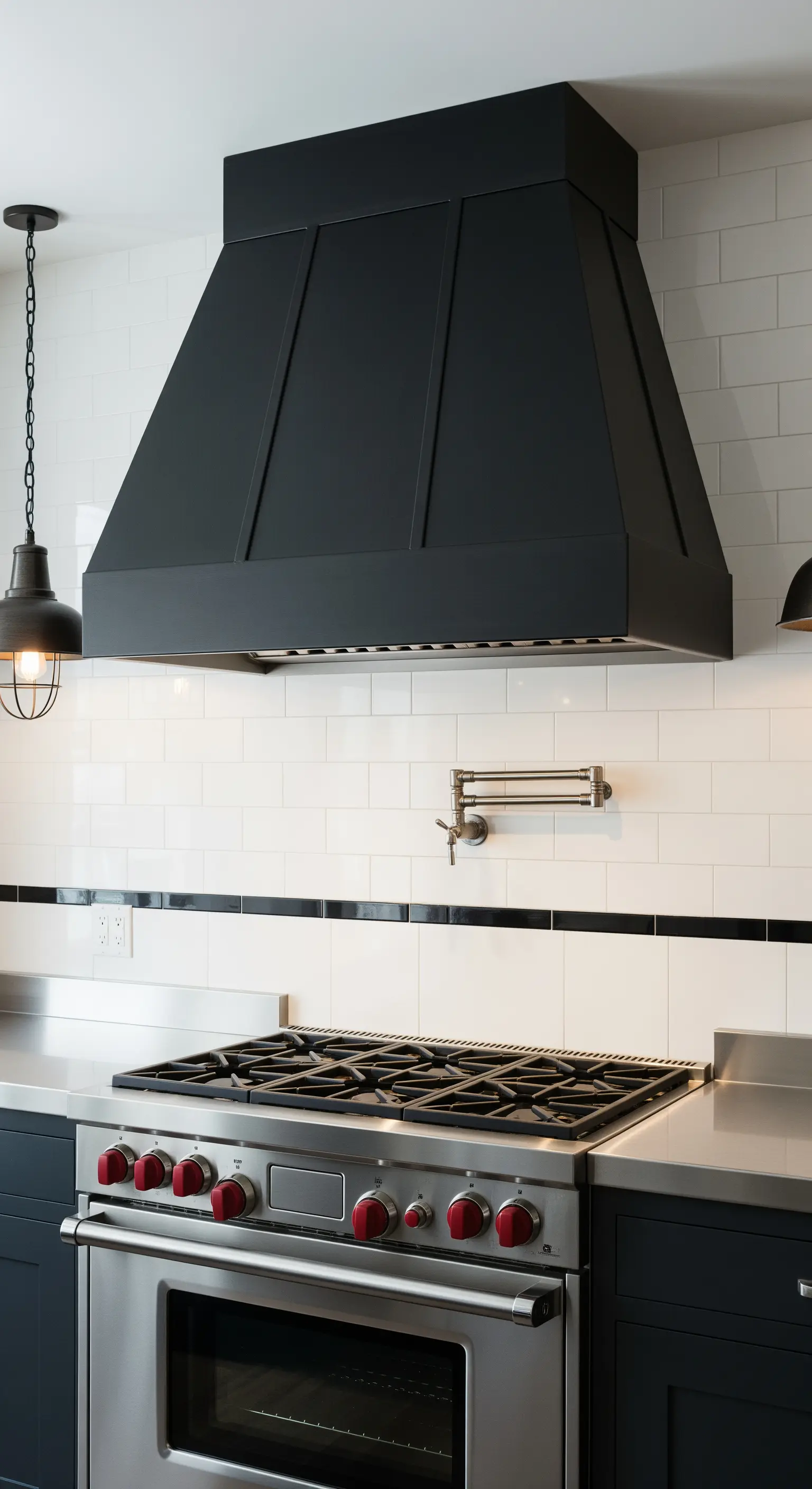 Grande cappa da cucina nera dal design architettonico sopra un piano cottura professionale.