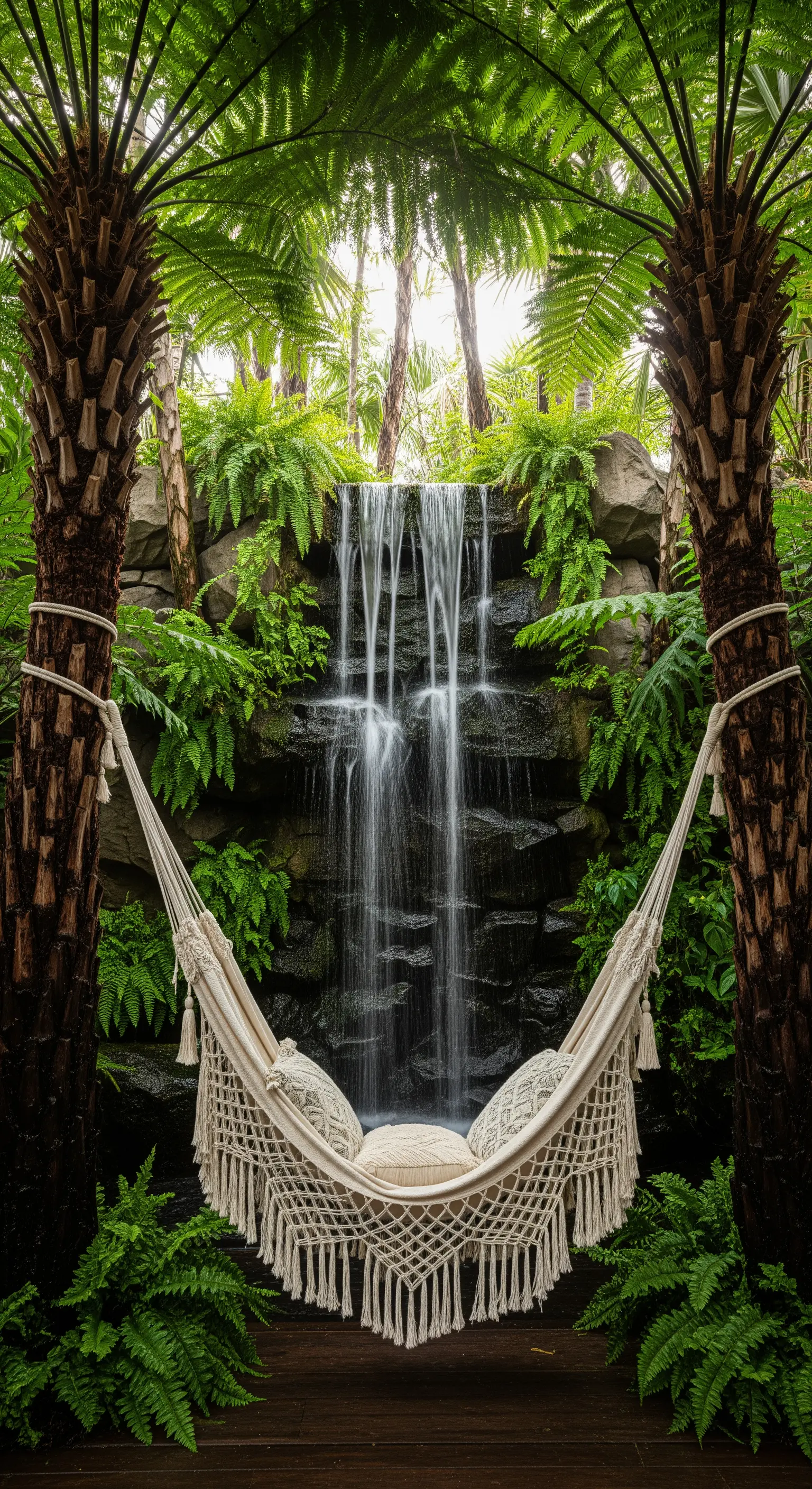 Amaca in macramè con cuscini posizionata di fronte a una grande cascata rocciosa tra felci e palme
