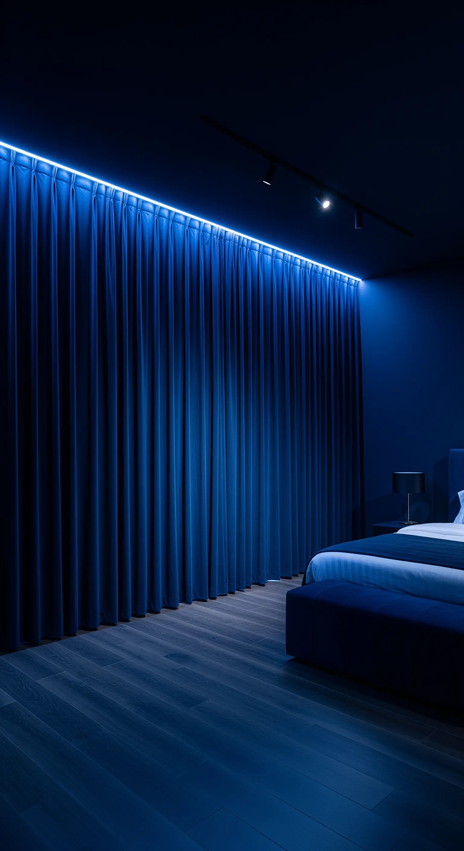 Tenda blu illuminata dall'alto da una striscia LED dello stesso colore, per un effetto scenografico.