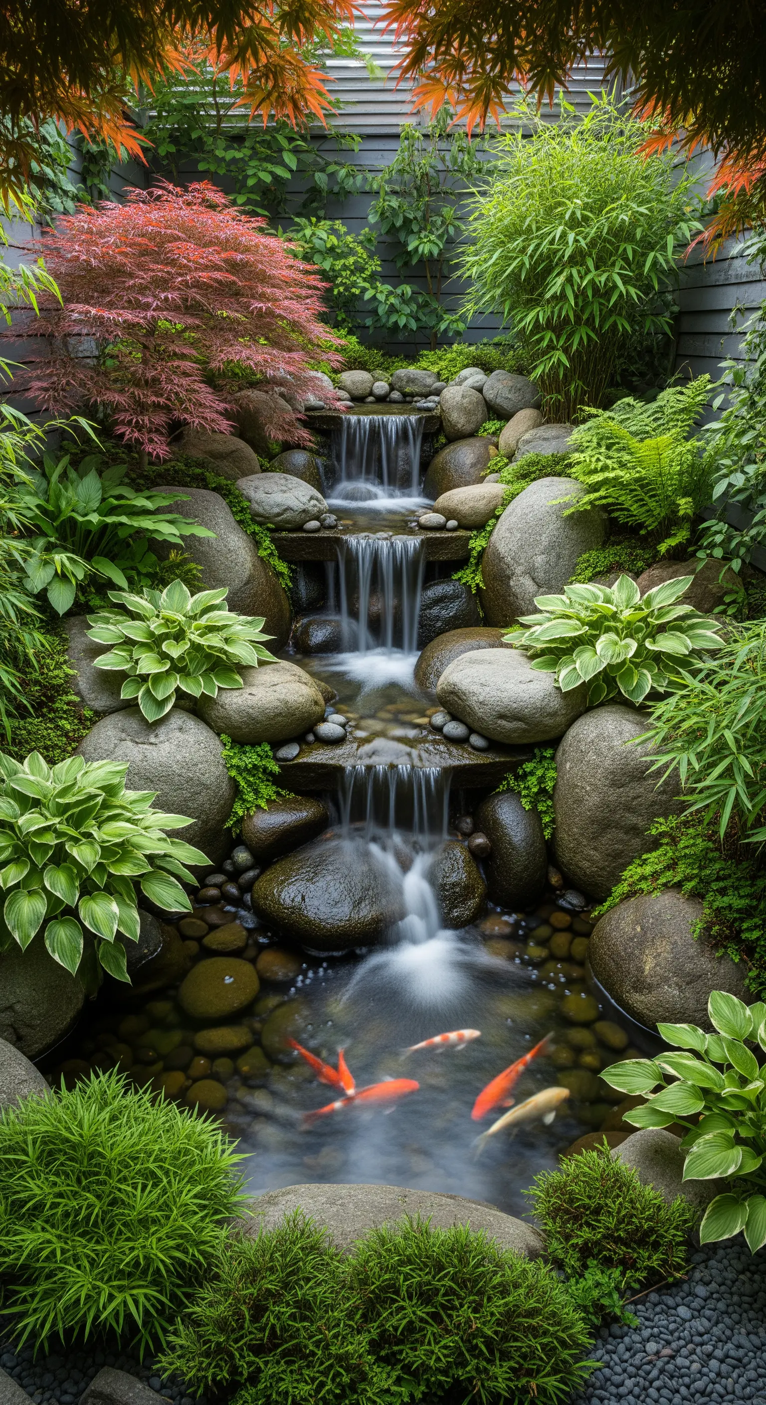 Piccola cascata a più livelli in un giardino rigoglioso con carpe koi nello stagno.