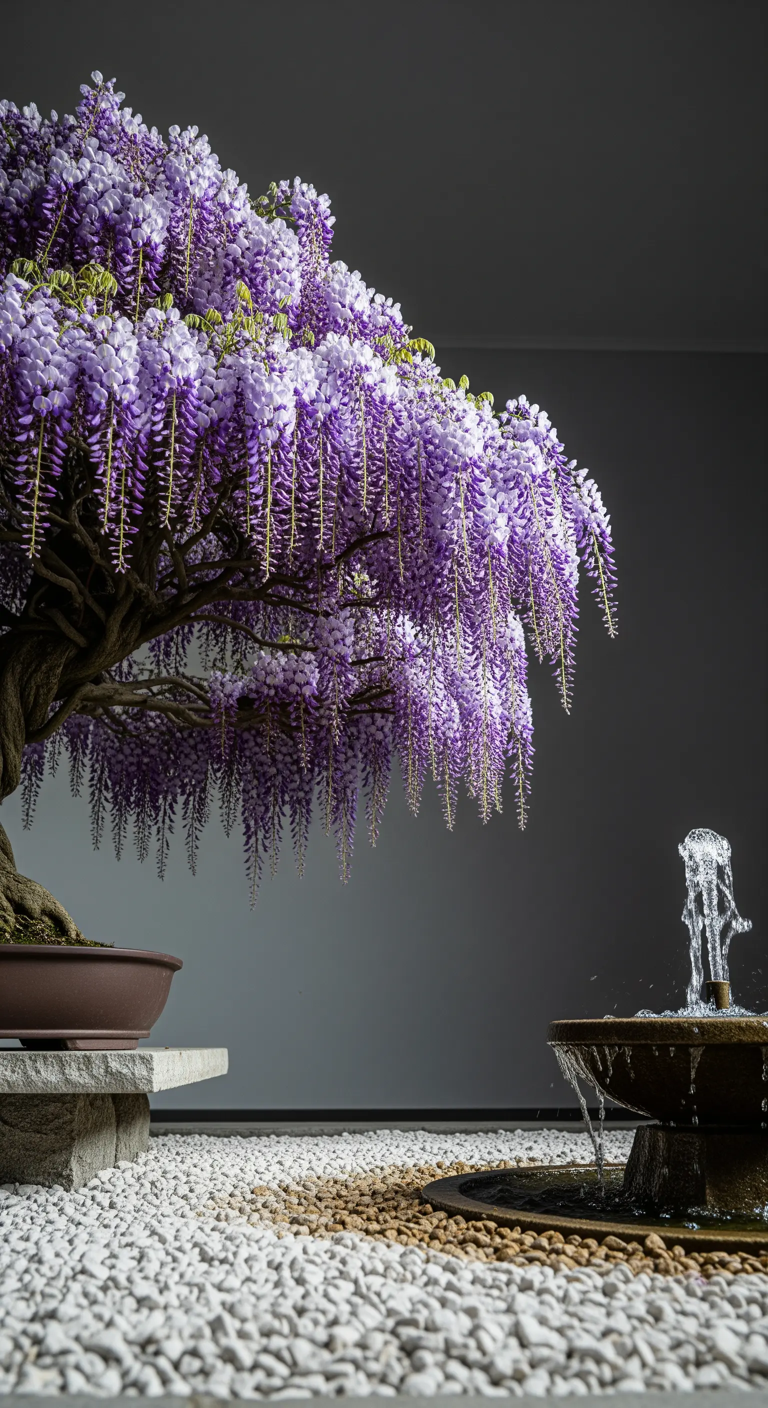Bonsai di glicine in piena fioritura viola accanto a una piccola fontana in bronzo