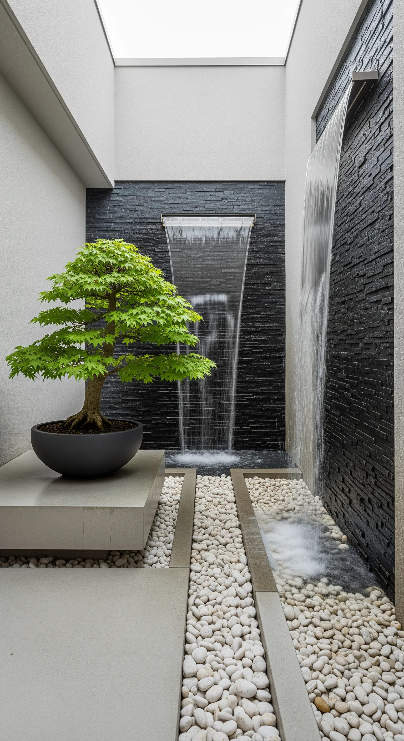 Cortile moderno con cascata a parete, bonsai e ciottoli bianchi levigati