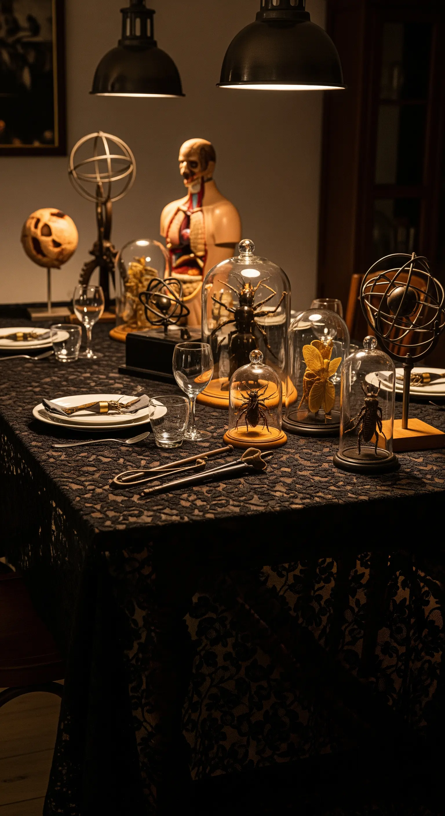 Tavola di Halloween a tema scienziato pazzo con insetti sotto vetro e pizzo nero.