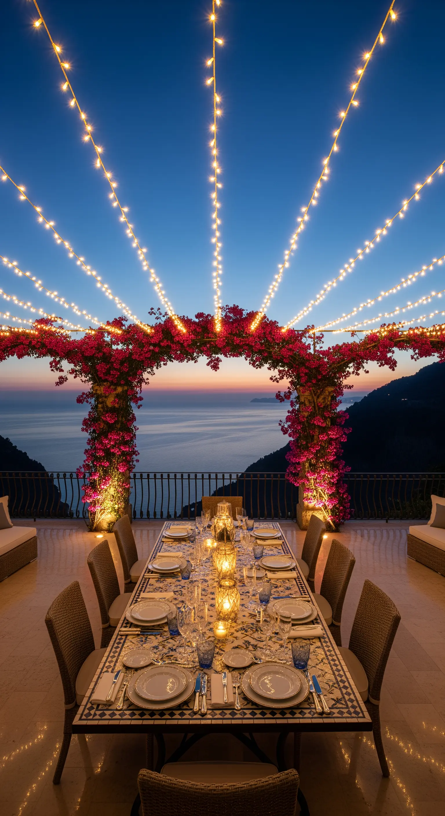 Terrazza panoramica con tavolo a mosaico e un arco di bouganville e lucine.