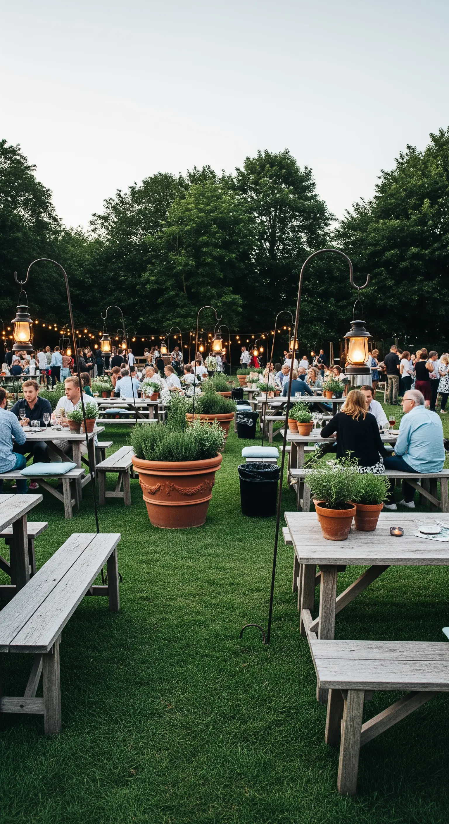 Cena all'aperto su un prato con tavoli da picnic, vasi di rosmarino e lanterne.
