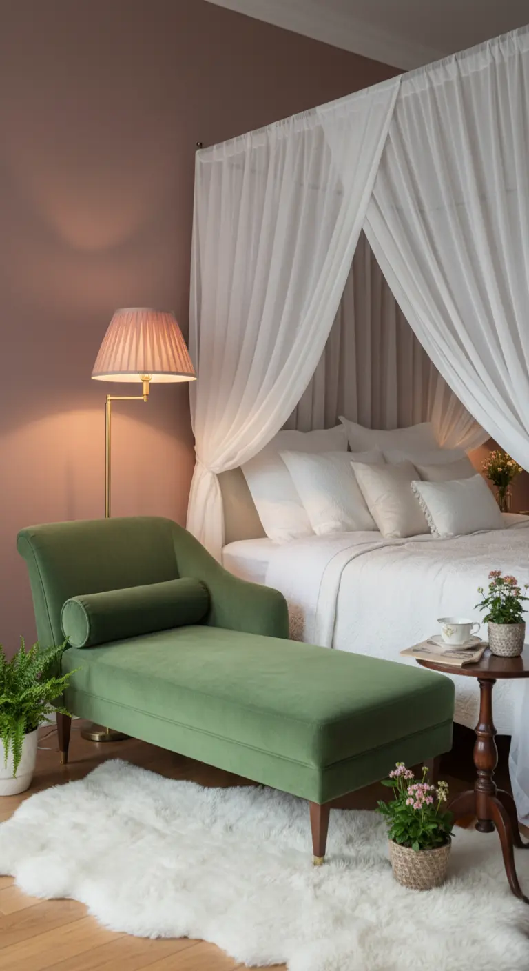 Chaise longue in velluto verde salvia in una camera da letto con letto a baldacchino.