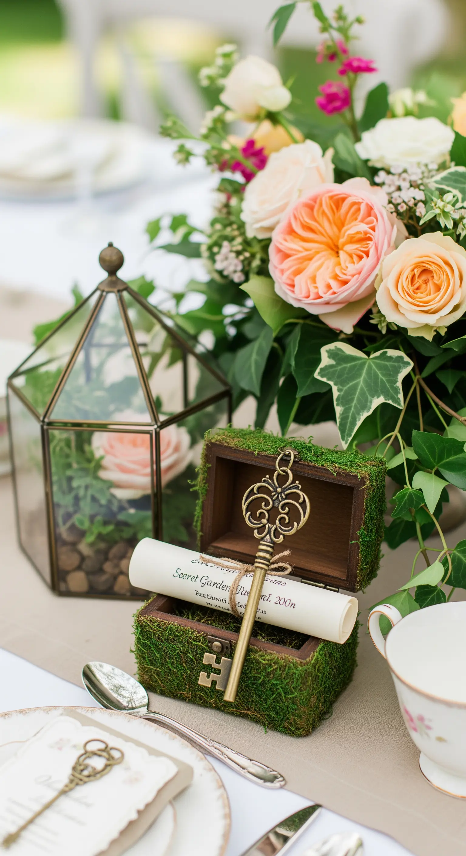 Invito a pergamena con chiave antica, custodito in una scatolina ricoperta di muschio.