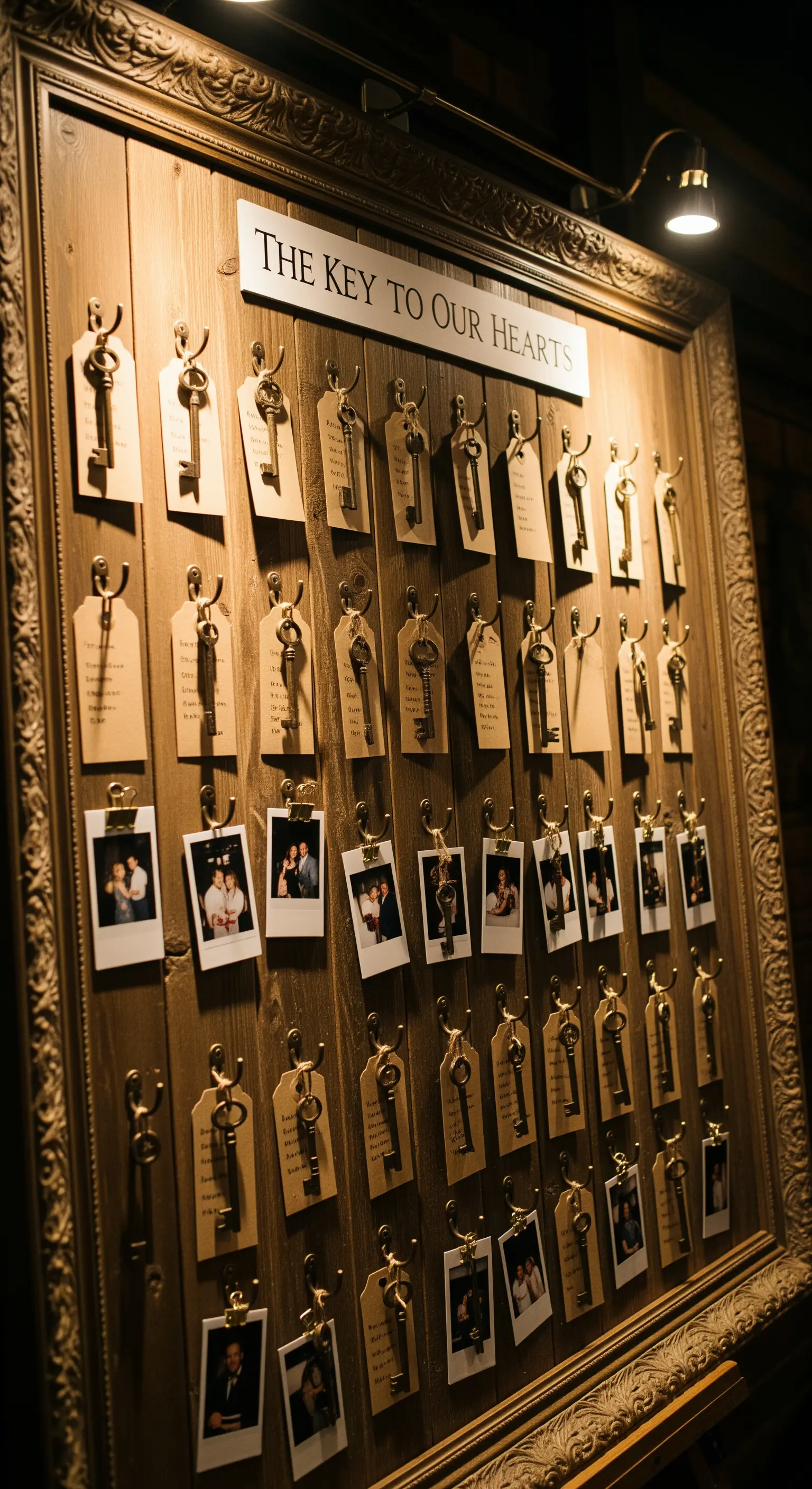 Bacheca in legno con chiavi antiche e messaggi appesi, e una fila di polaroid.