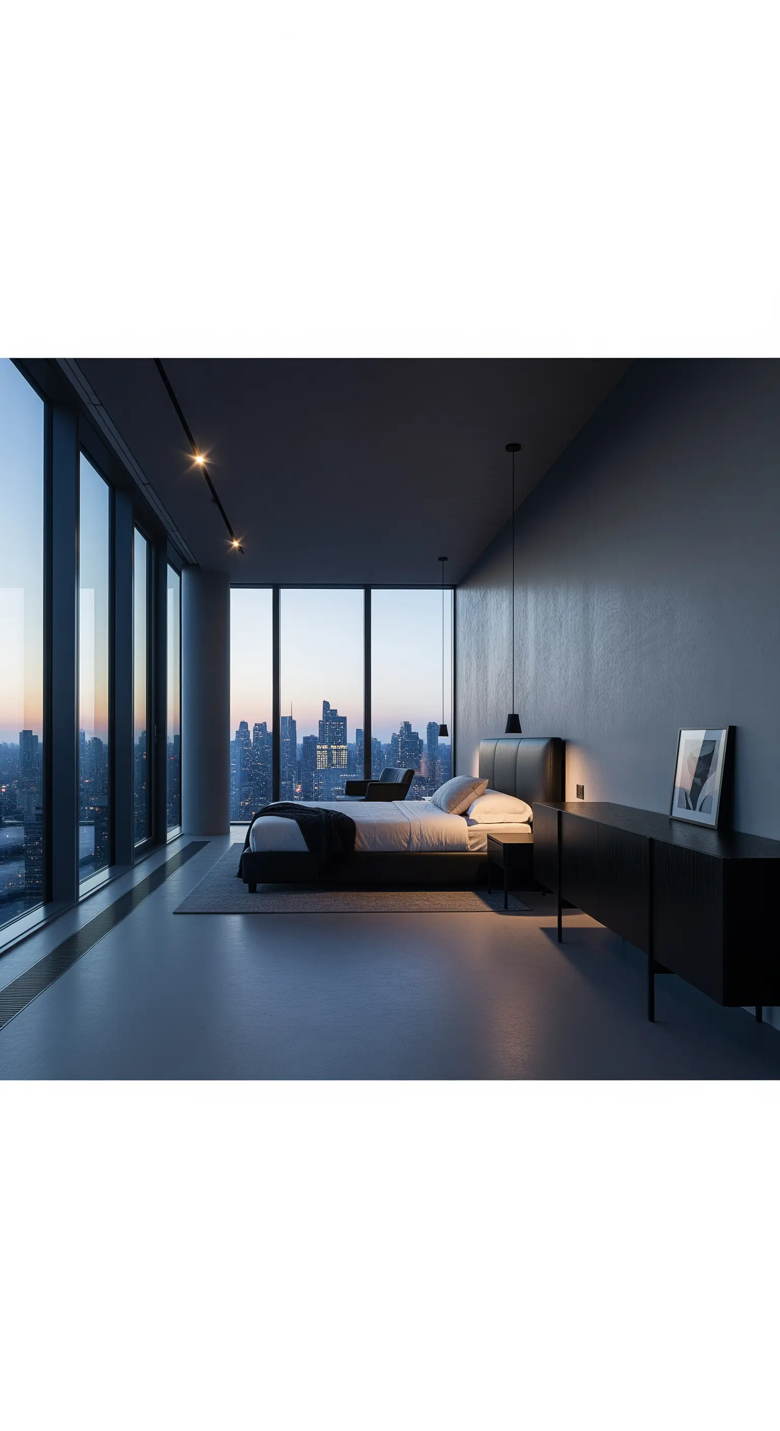 Camera da letto scura e minimalista con ampie vetrate affacciate su uno skyline notturno.