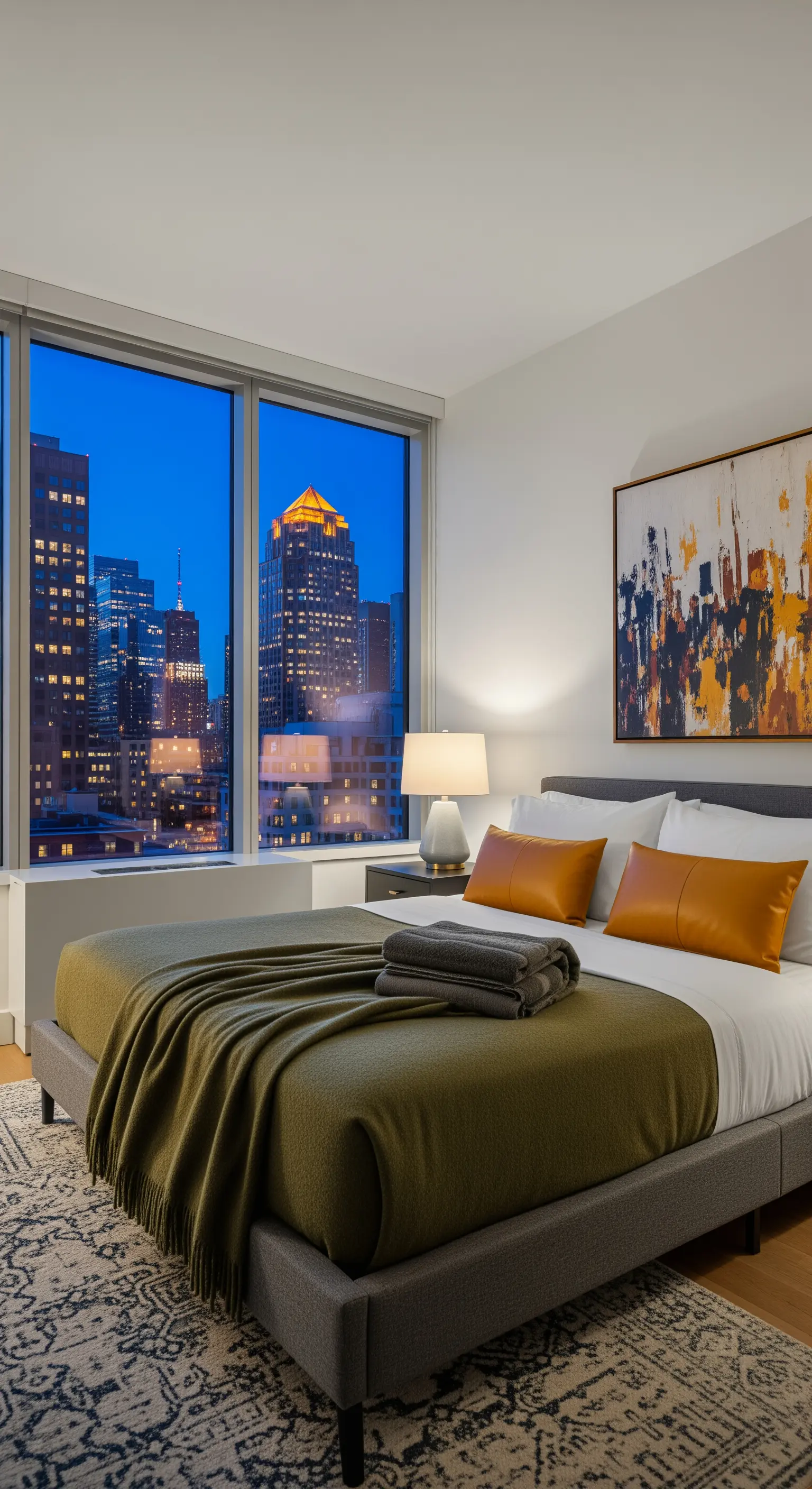 Letto con copriletto verde e cuscini in pelle senape, con vista notturna sulla città.