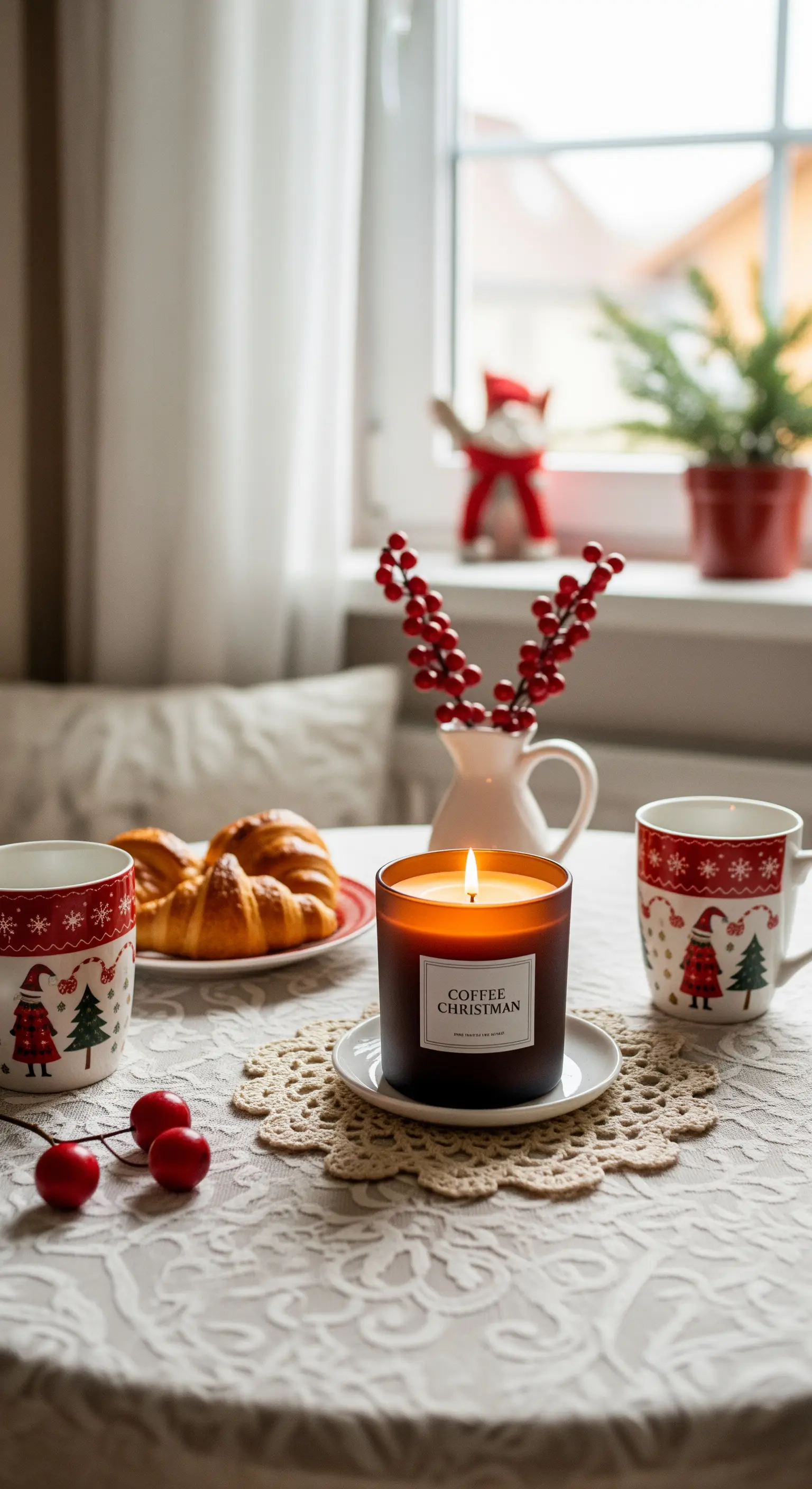 Tavola per la colazione con tovaglia in pizzo, tazze natalizie e una candela accesa.