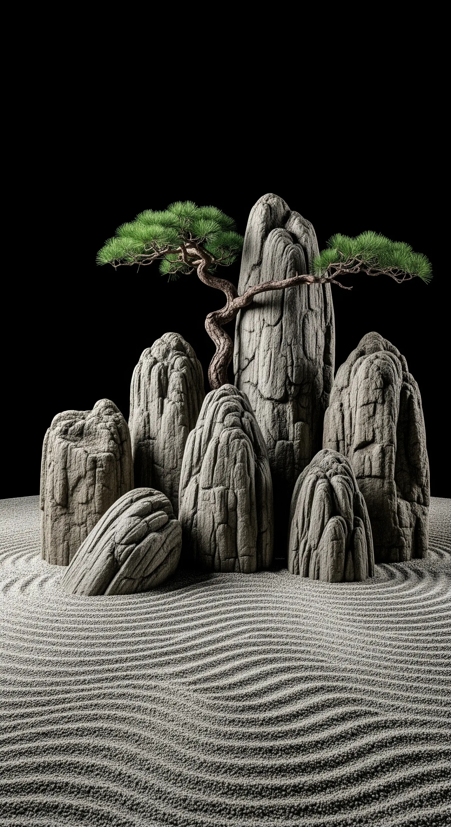 Composizione di rocce scolpite e un bonsai su sabbia rastrellata, con sfondo nero.