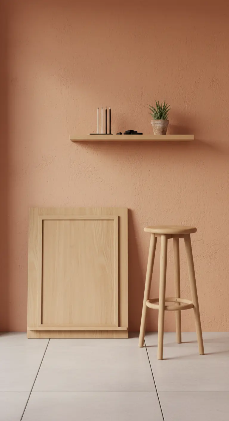 Composizione minimalista con sgabello in legno, mensola sottile e pannello decorativo su parete terracotta.