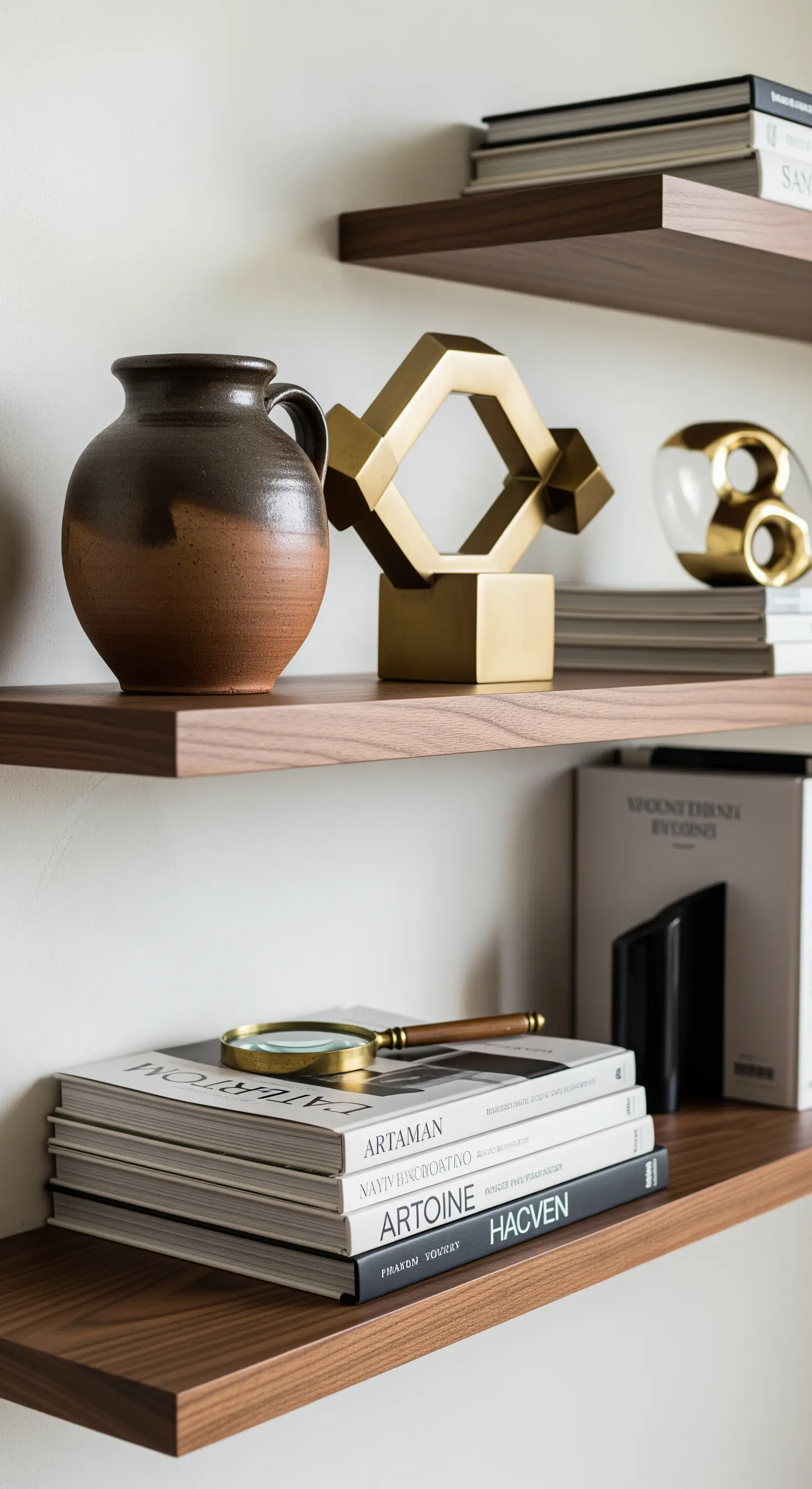 Mensole in legno con vaso in ceramica, sculture dorate e una pila di libri.